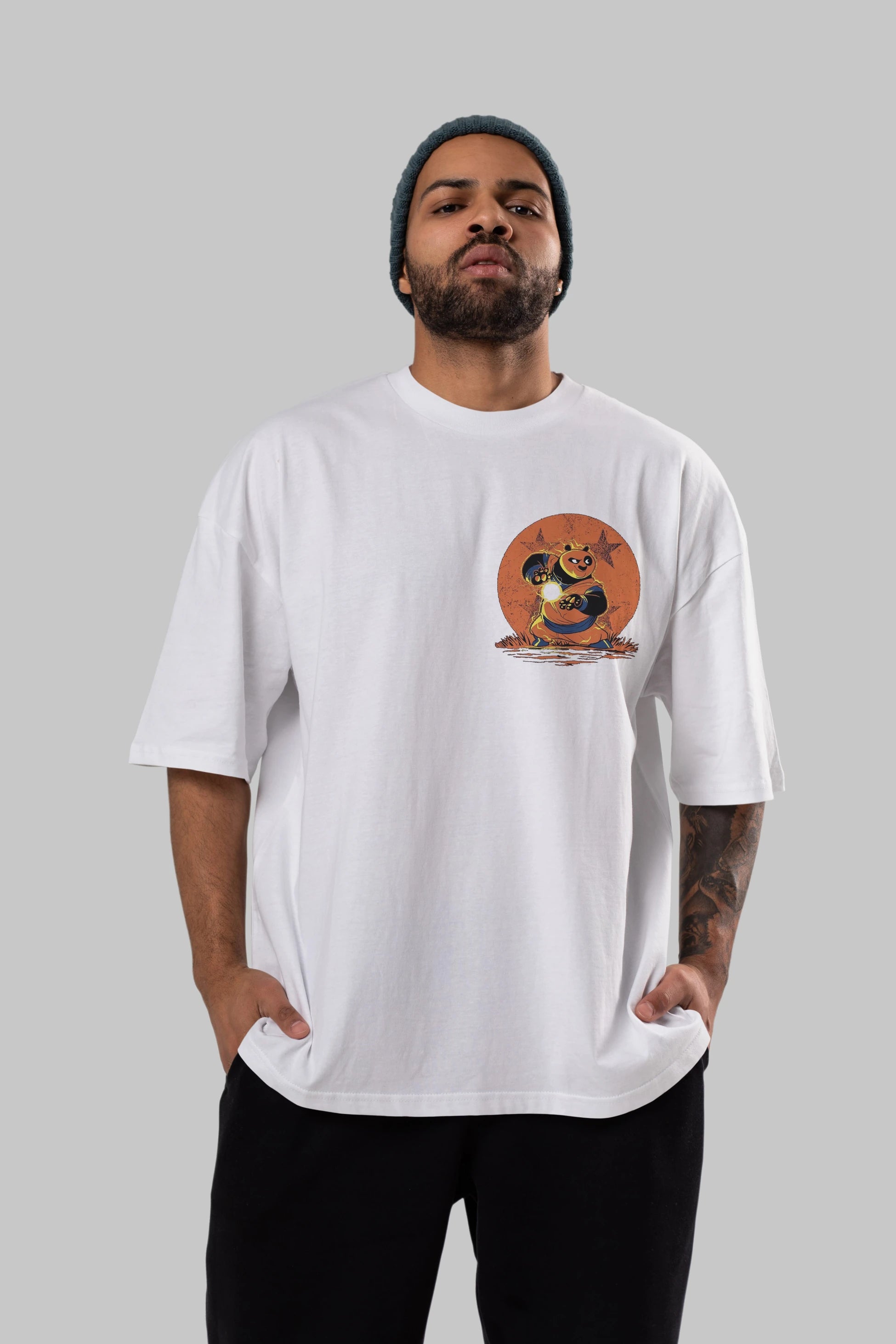 Kung Fu Panda Ön Sol Baskılı Oversize t-shirt Erkek Kadın Unisex %100 Pamuk Bisiklet Yaka tişort