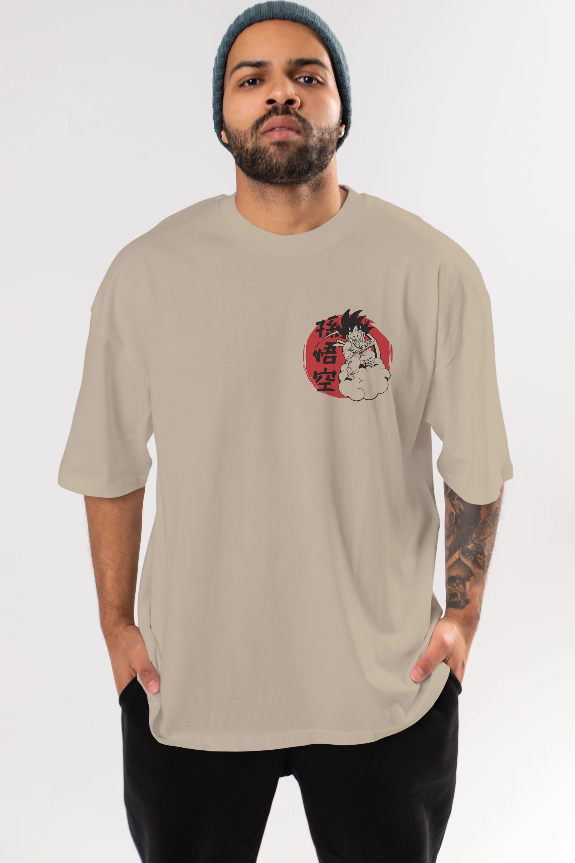DRAGON BALL Ön Sol Baskılı Oversize t-shirt Erkek Kadın Unisex %100 Pamuk Bisiklet Yaka tişort