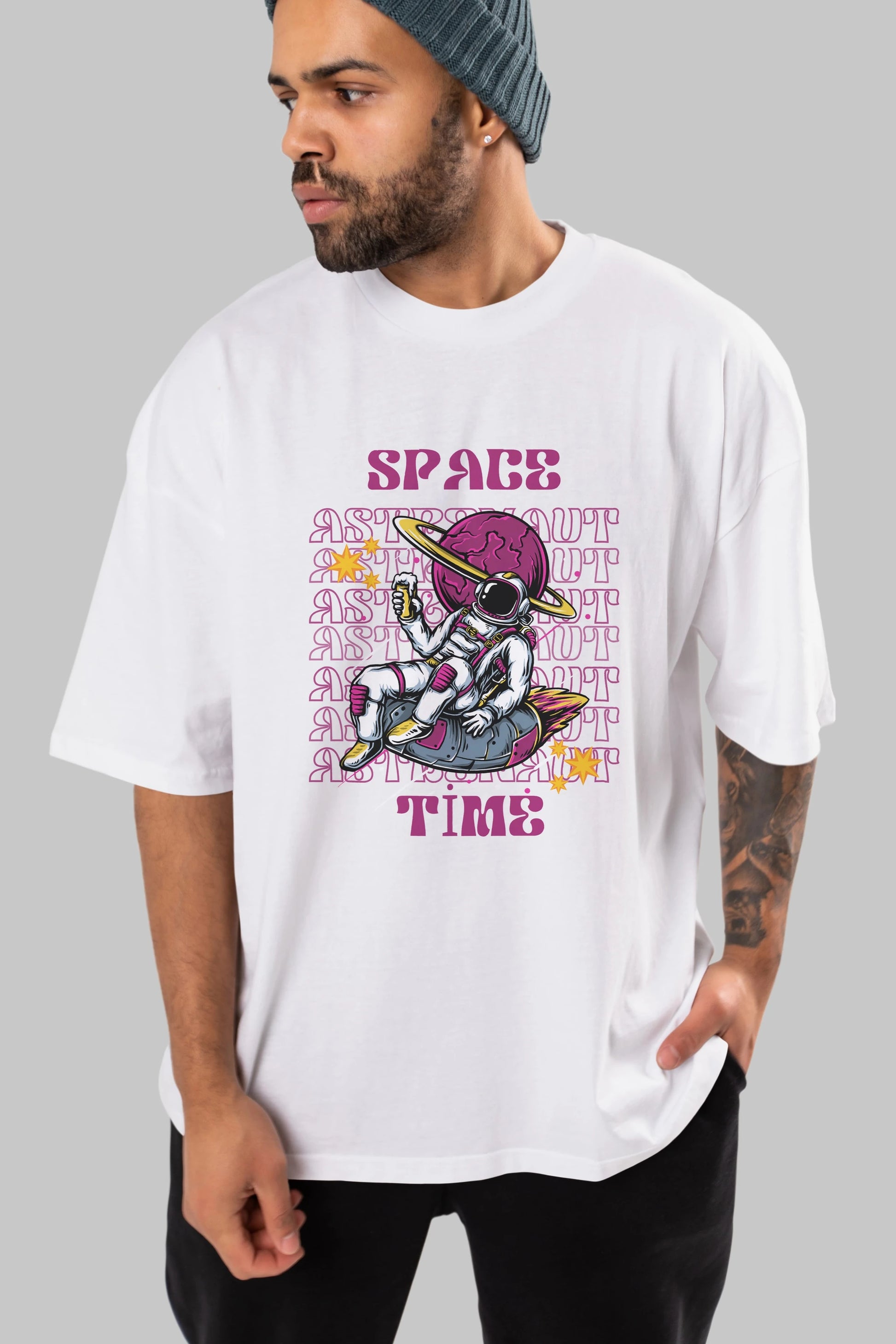 Space Time Astronaut Yazılı Ön Baskılı Oversize t-shirt Erkek Kadın Unisex