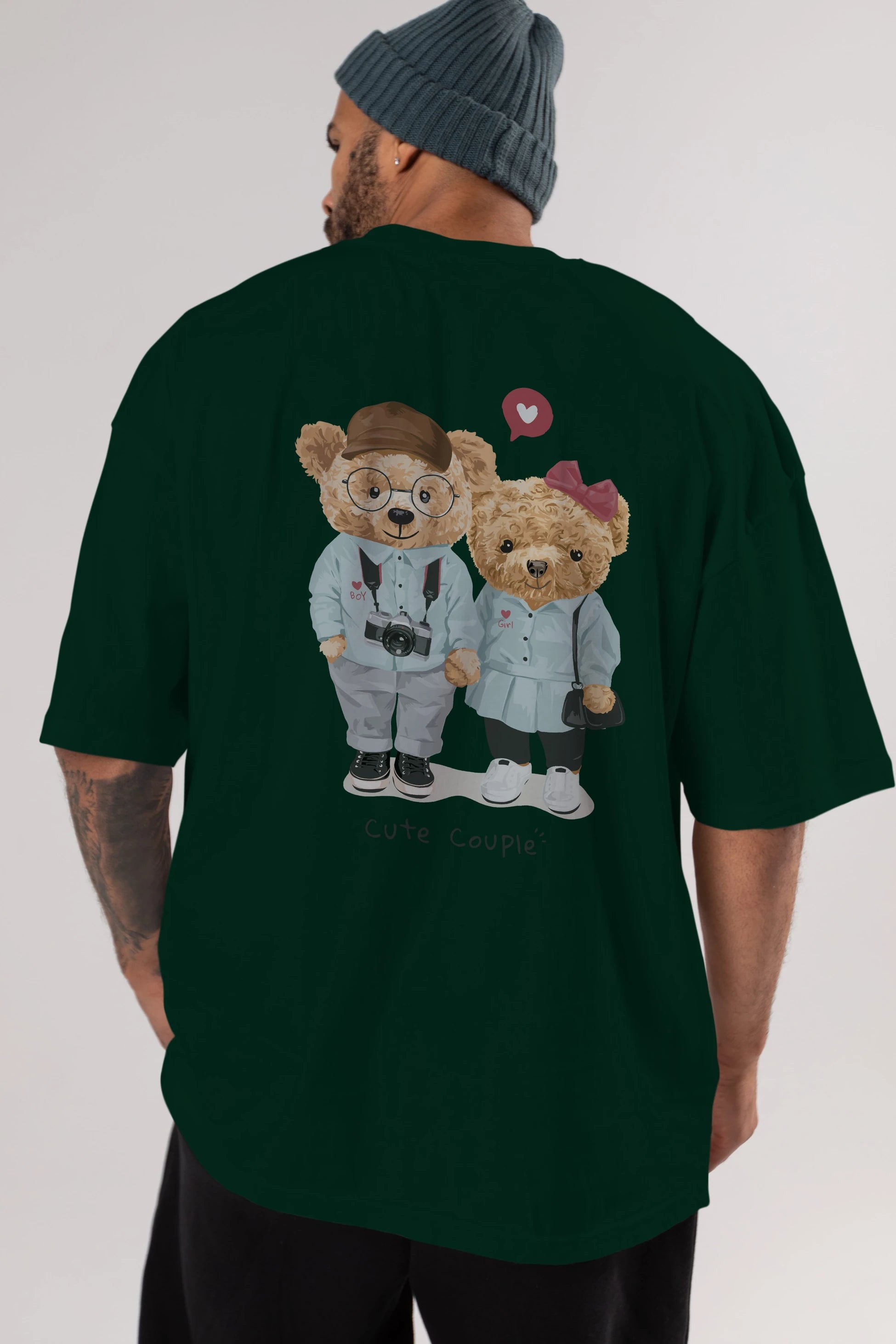 Teddy Bear Cute Couple Arka Baskılı Oversize t-shirt Erkek Kadın Unisex %100 Pamuk