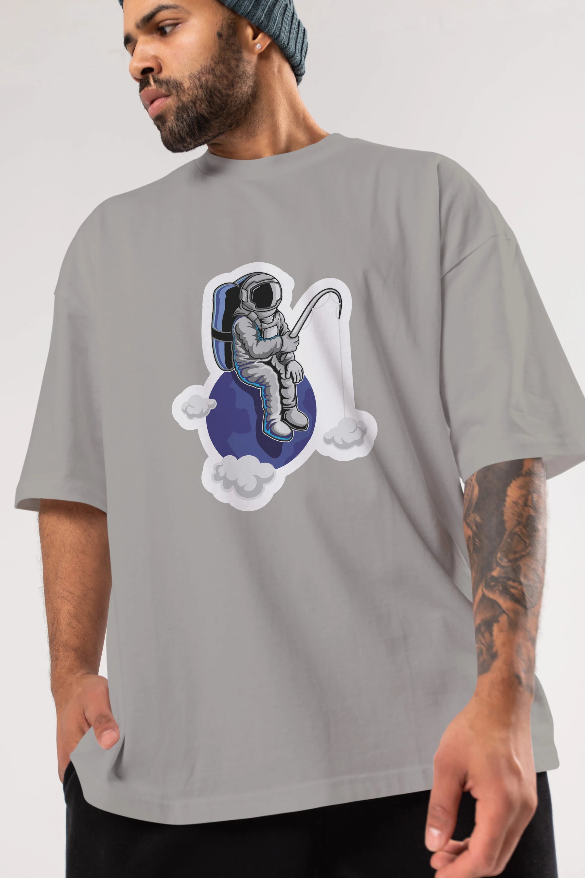 Astronaut Fishing Sticker Ön Baskılı Oversize t-shirt Erkek Kadın Unisex