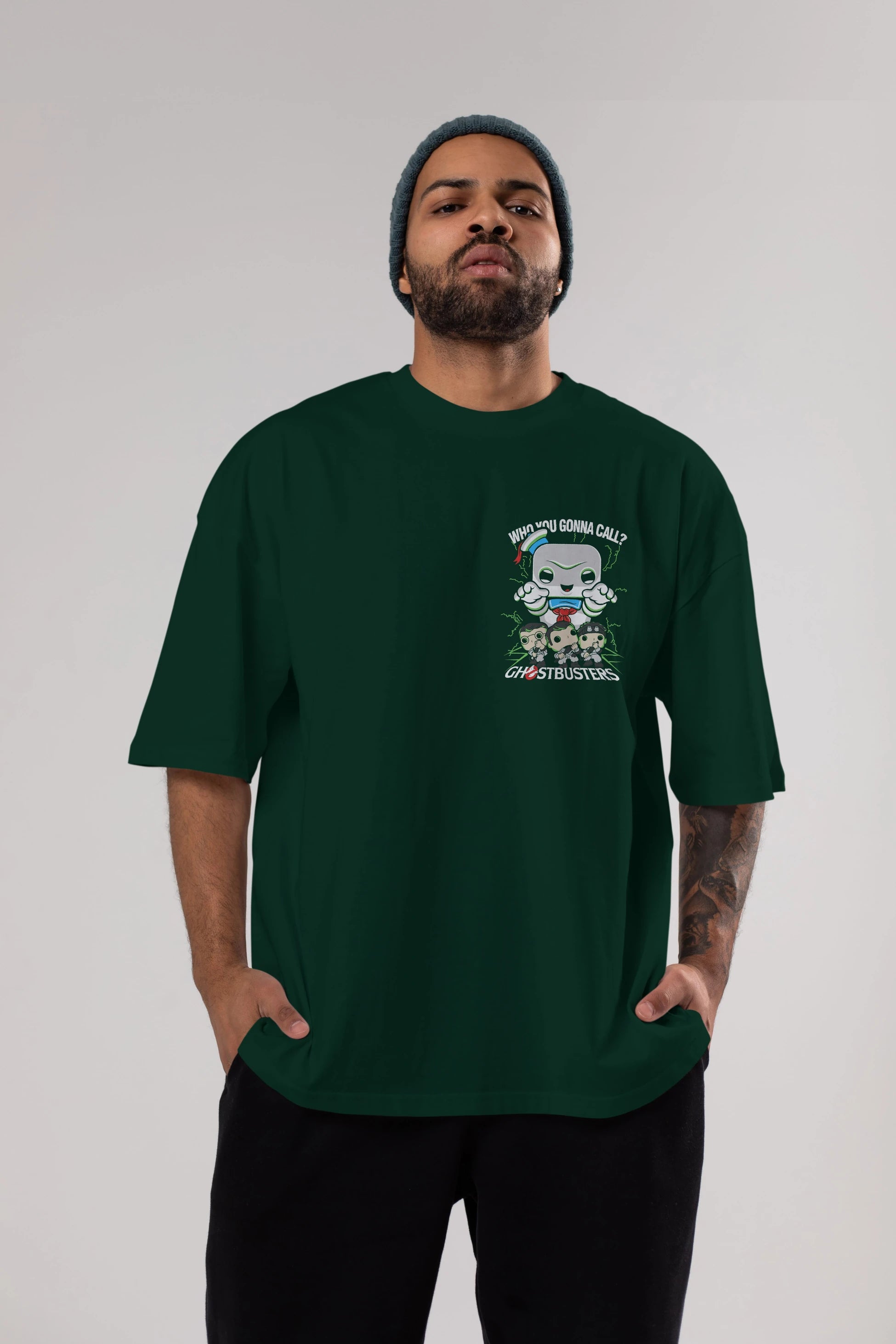 Ghostbusters Ön Sol Baskılı Oversize t-shirt Erkek Kadın Unisex %100 Pamuk Bisiklet Yaka tişort