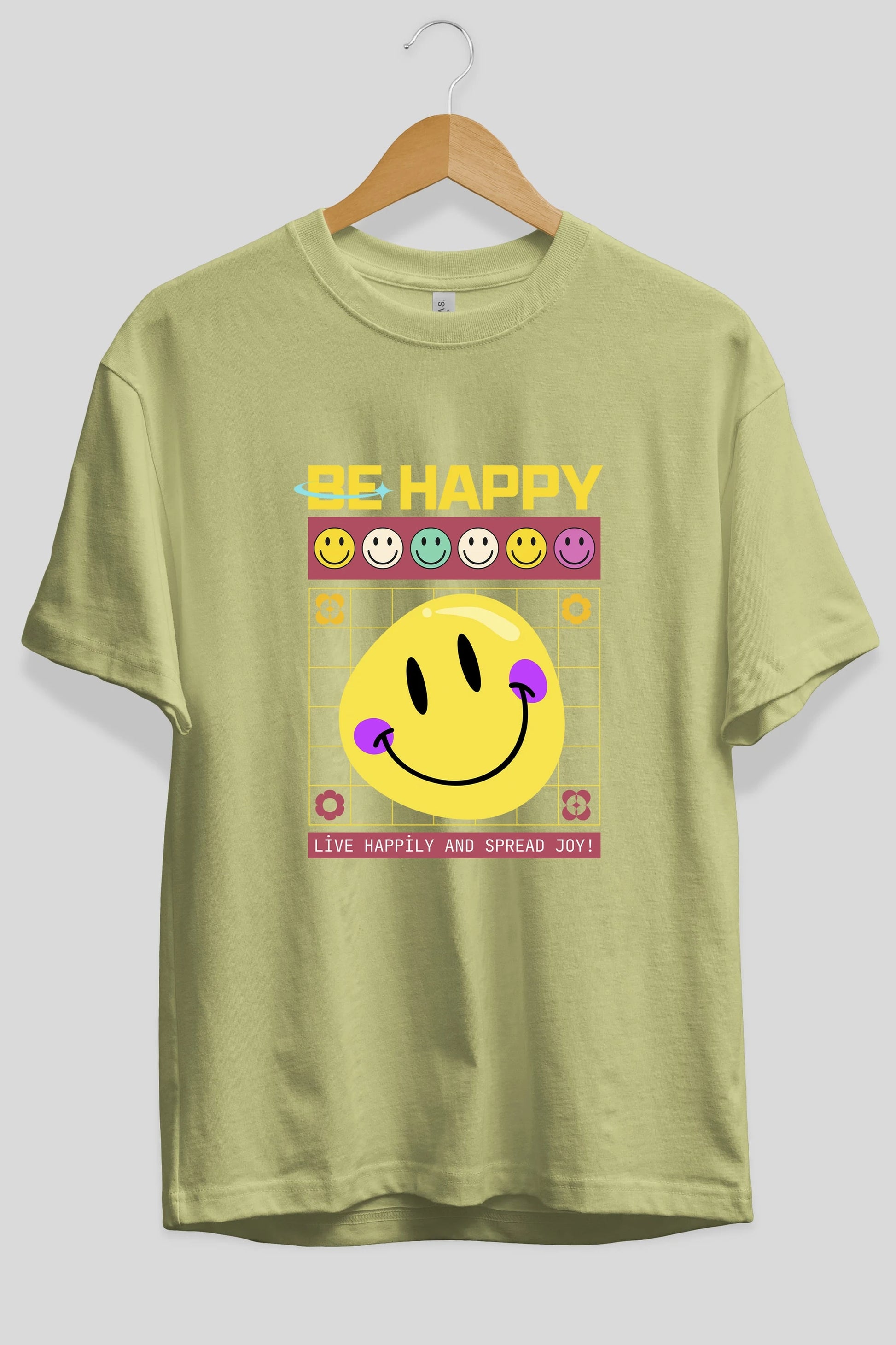 Be Happy Yazılı Ön Baskılı Oversize t-shirt Erkek Kadın Unisex