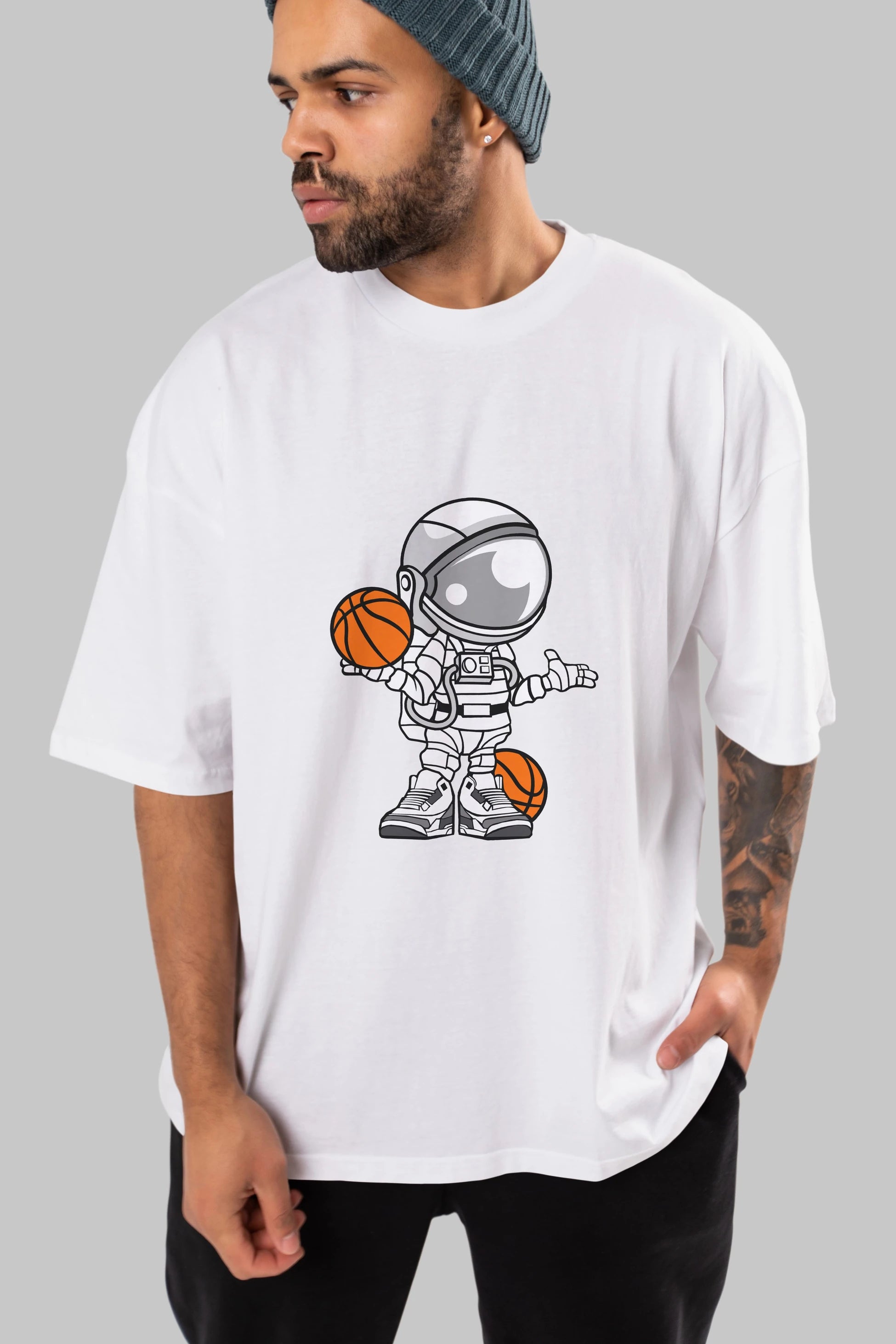 Astronaut Basketball Player Ön Baskılı Oversize t-shirt Erkek Kadın Unisex %100 Pamuk tişort