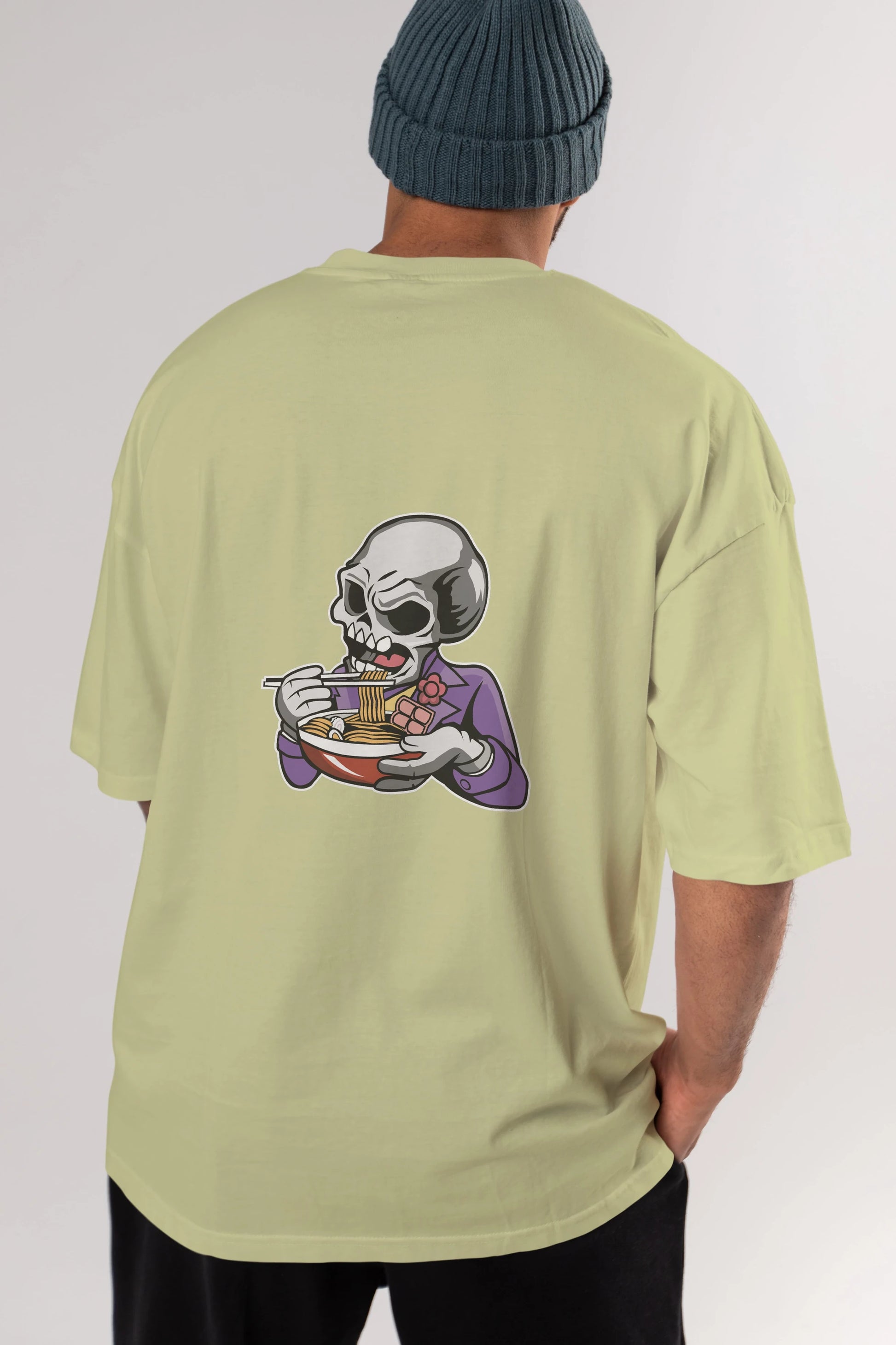 Skull Ramen Arka Baskılı Oversize t-shirt Erkek Kadın Unisex %100 Pamuk tişort