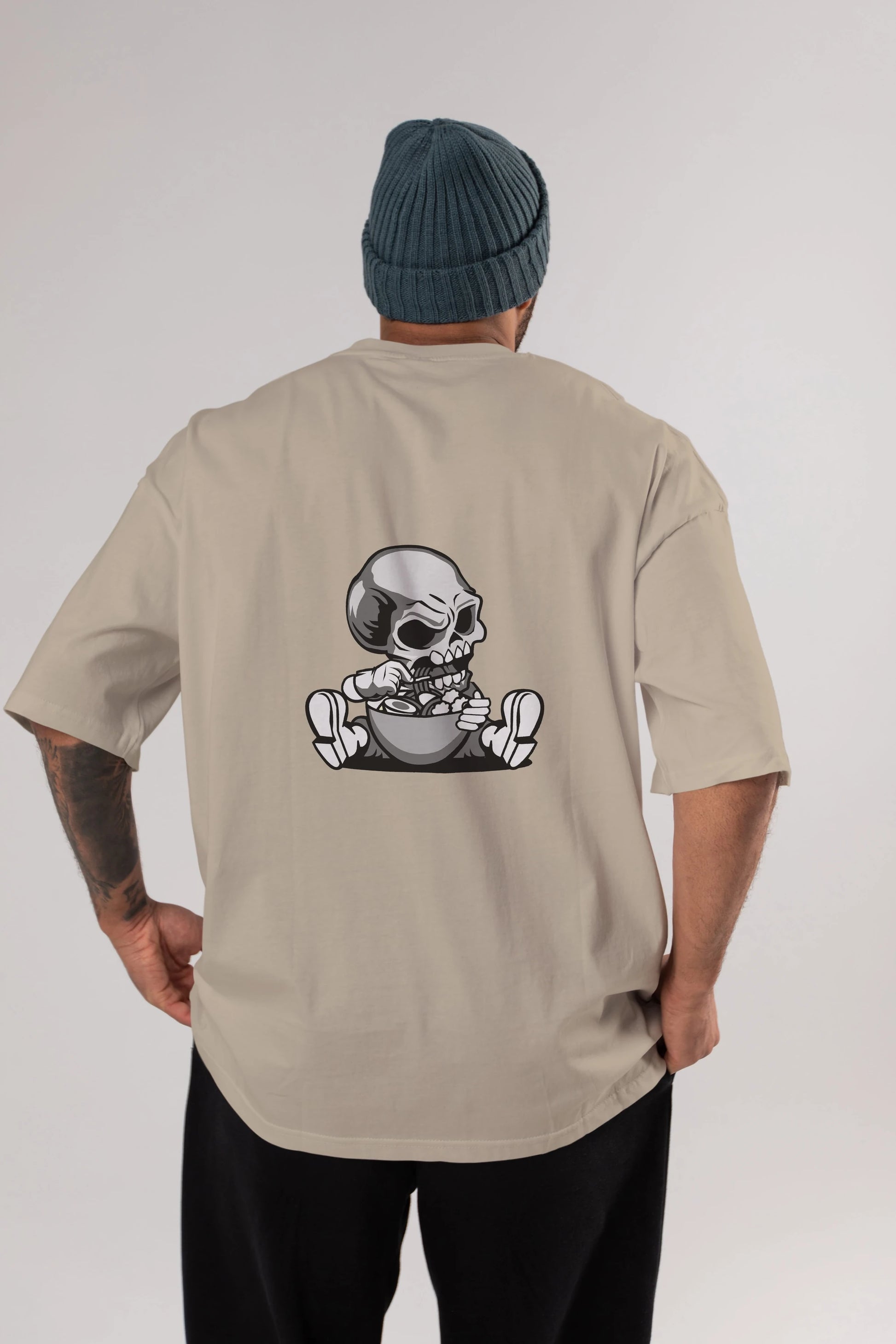 Skull Eat Ramen Arka Baskılı Oversize t-shirt Erkek Kadın Unisex %100 Pamuk tişort