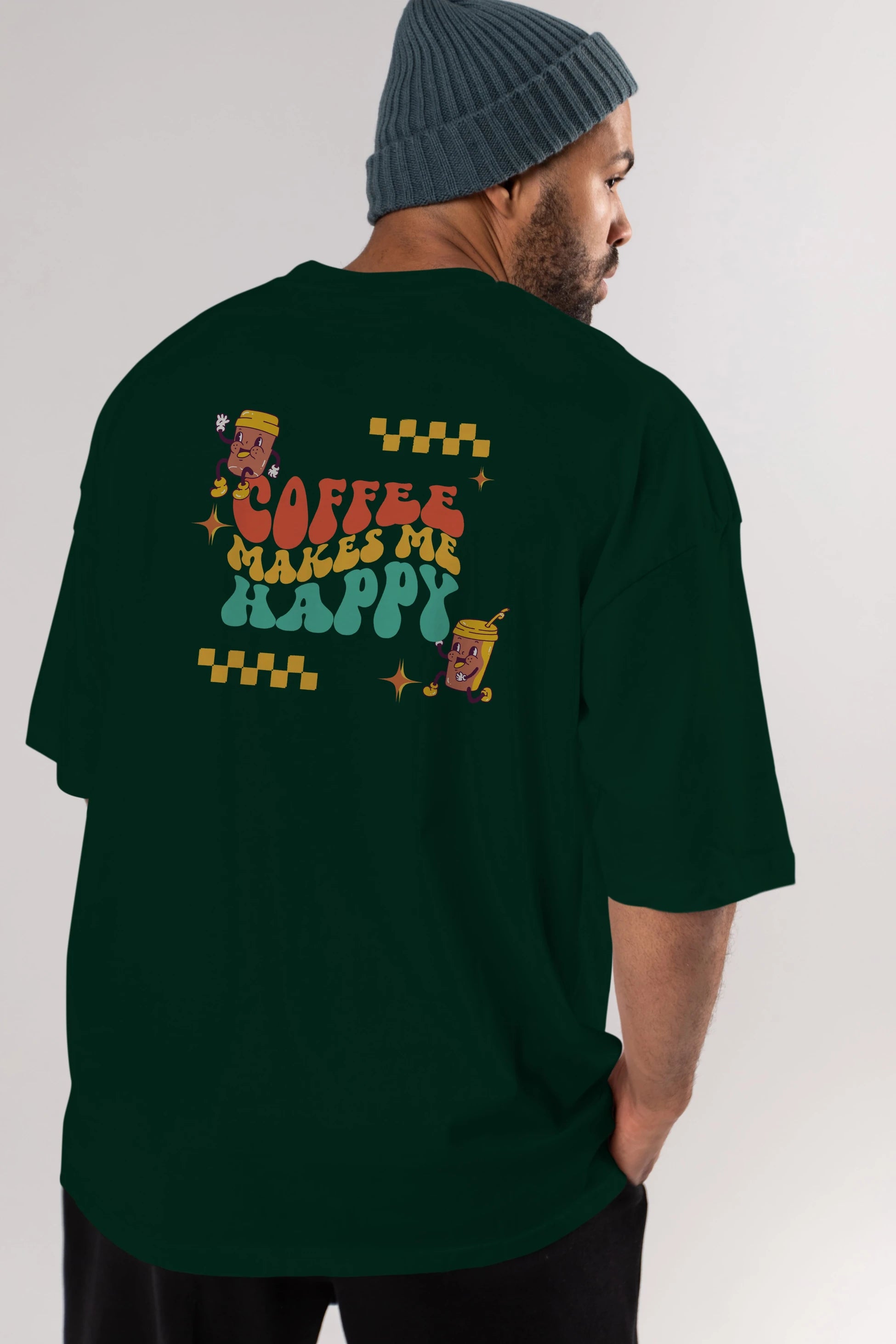 Coffee Makes Me Happy Yazılı Arka Baskılı Oversize t-shirt Erkek Kadın Unisex