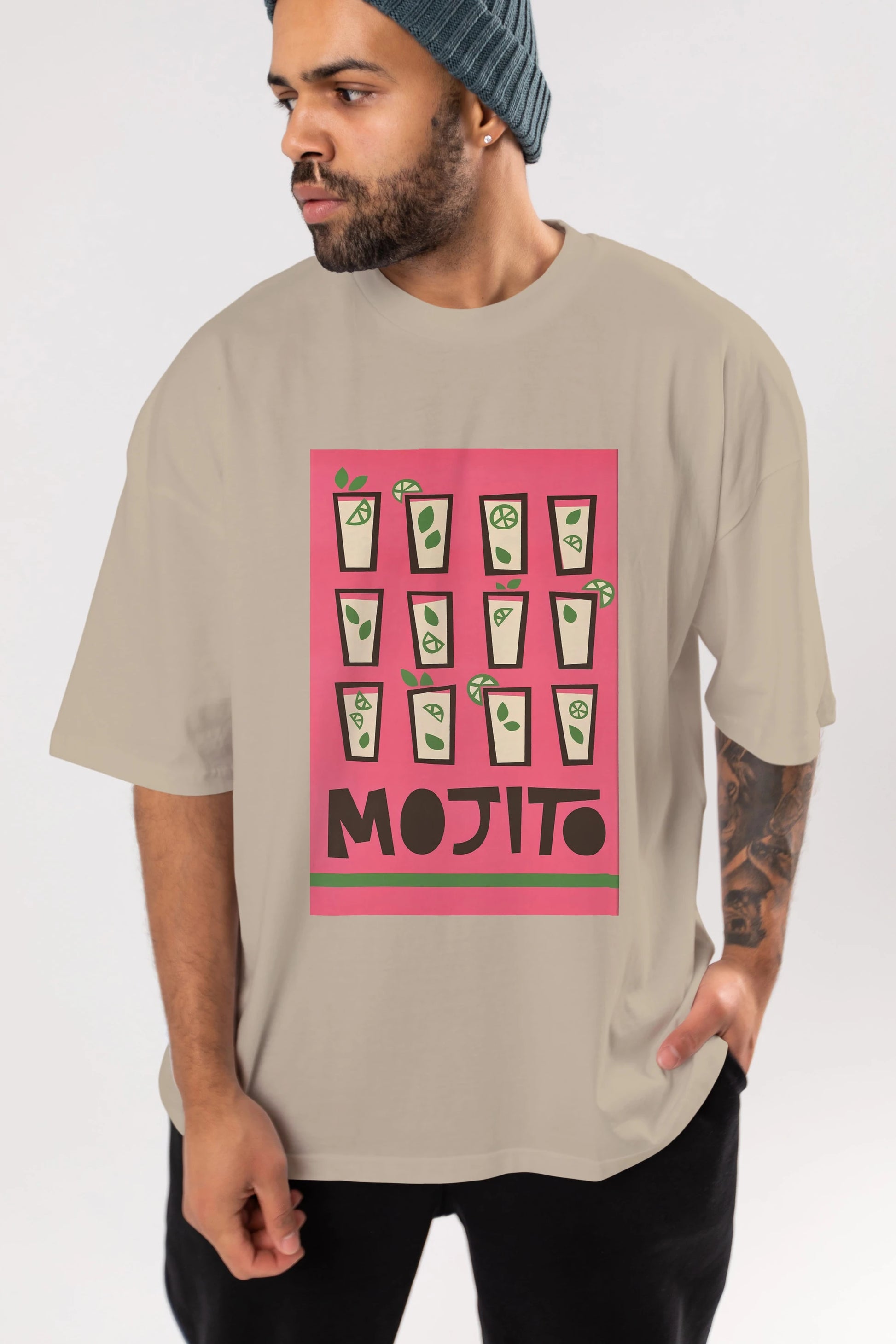Mojito Ön Baskılı Oversize t-shirt Erkek Kadın Unisex %100 Pamuk Bisiklet Yaka tişort