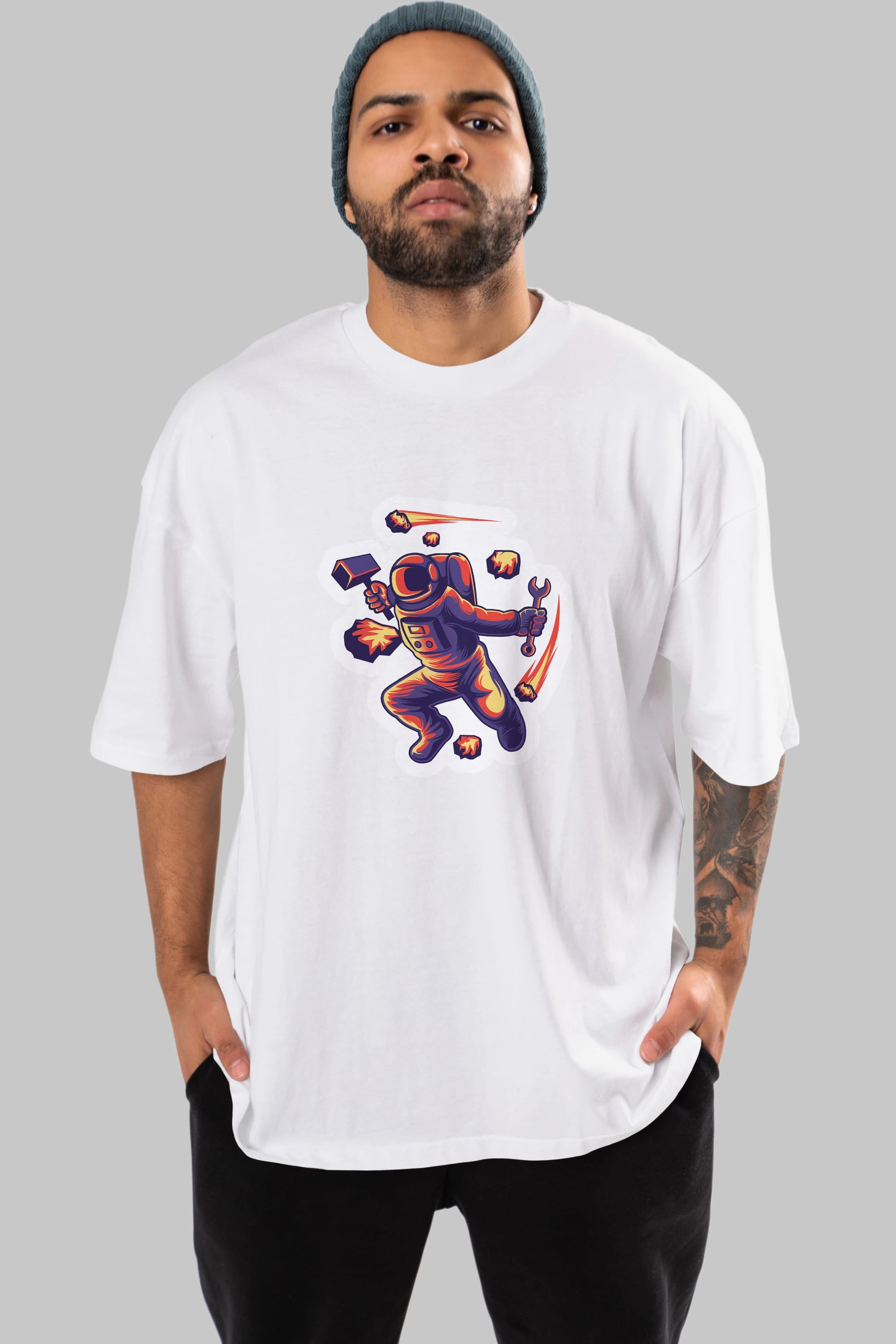 Astronaut Block Meteor Sticker Ön Baskılı Oversize t-shirt Erkek Kadın Unisex