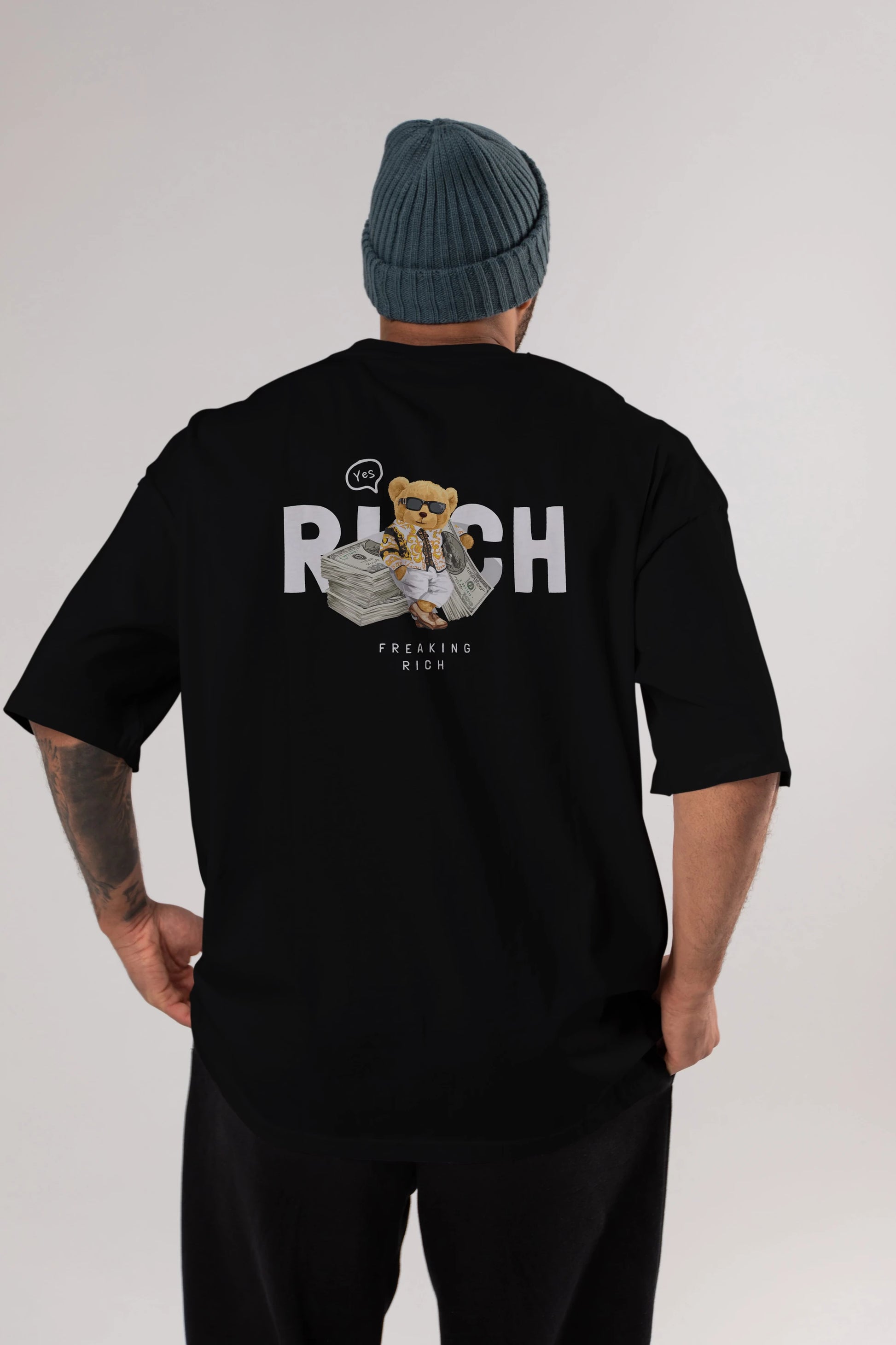 Teddy Bear Freakıng Rich Arka Baskılı Oversize t-shirt Erkek Kadın Unisex %100 Pamuk