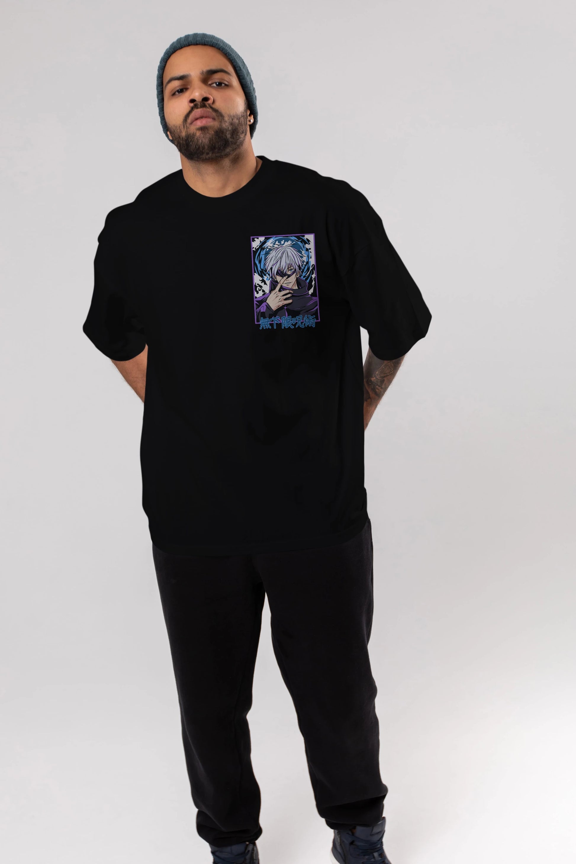 SATORU GOJO 3 Ön Sol Baskılı Oversize t-shirt Erkek Kadın Unisex %100 Pamuk Bisiklet Yaka tişort