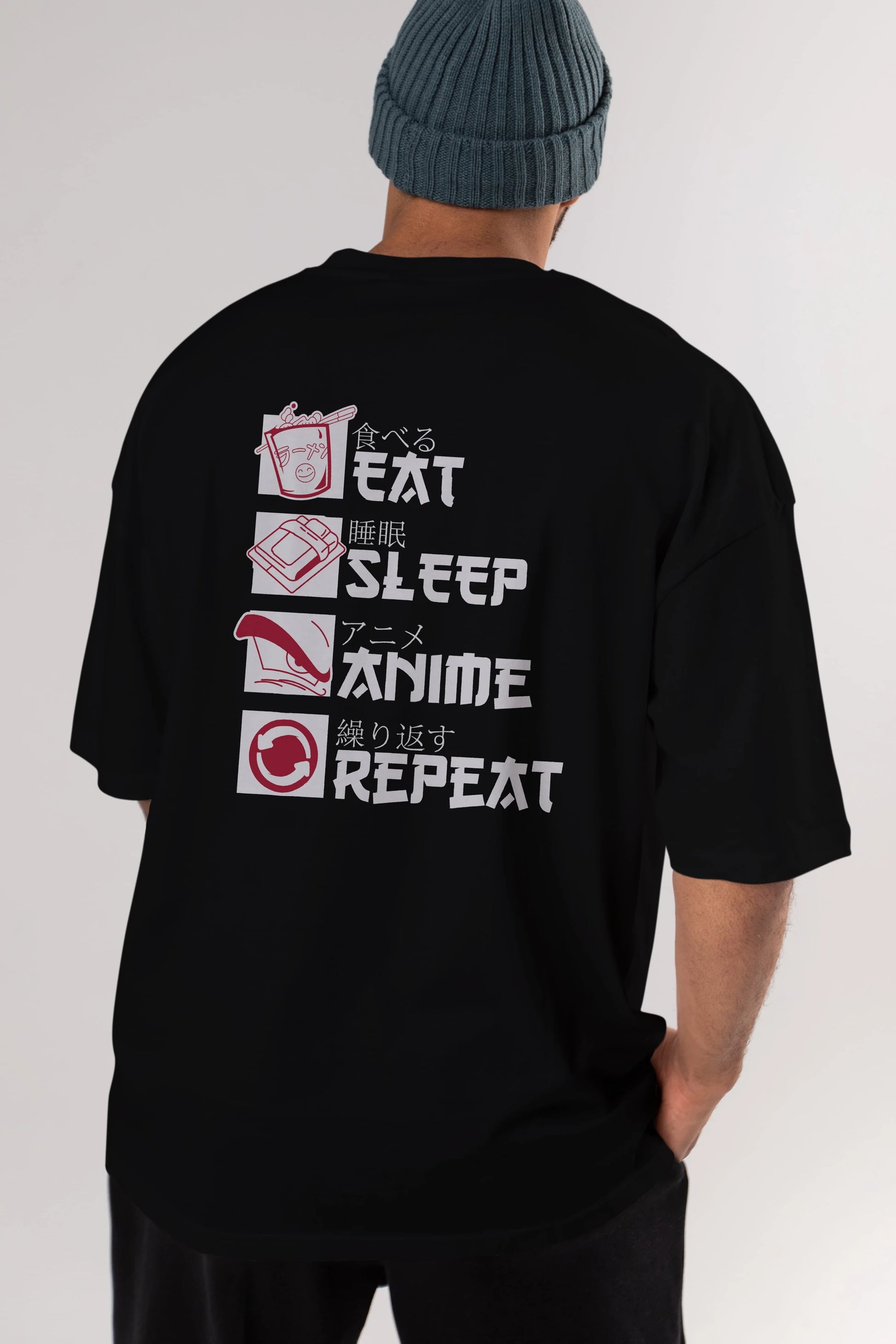 Eat, Sleep, Anime, Repeat Anime Arka Baskılı Oversize t-shirt Erkek Kadın Unisex