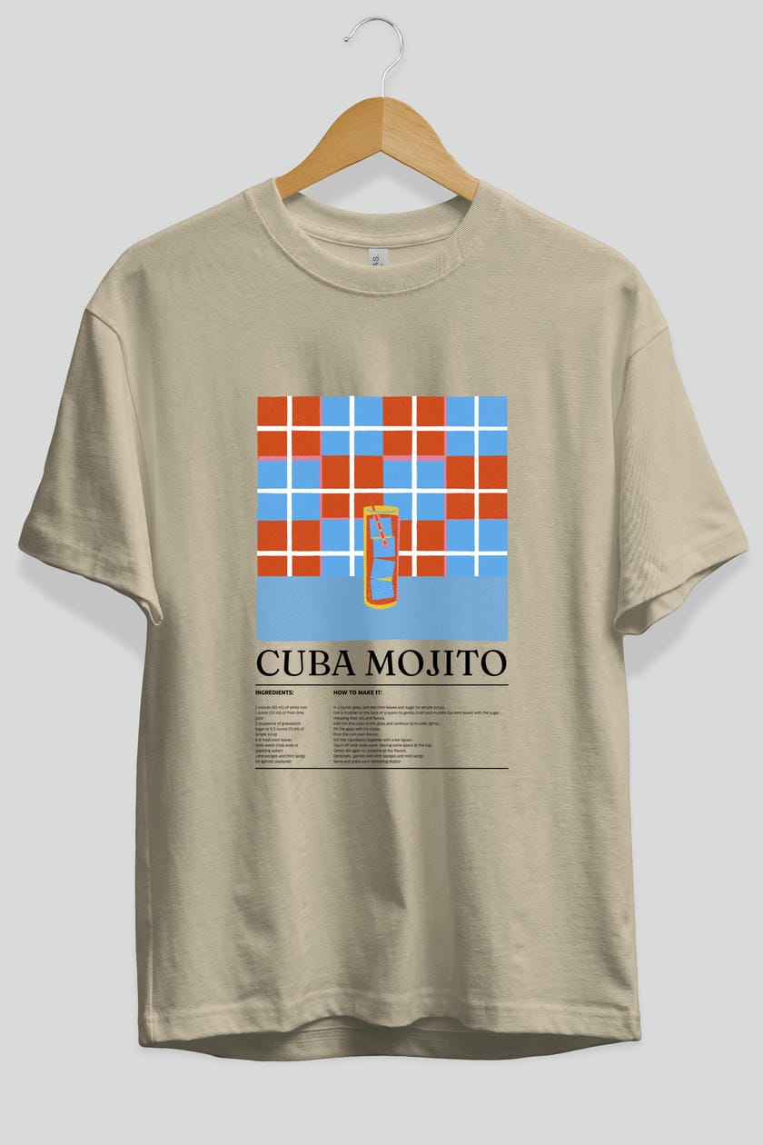 Cuba Mojito Kokteyl Ön Baskılı Oversize t-shirt Erkek Kadın %100 Pamuk Bisiklet Yaka tişort