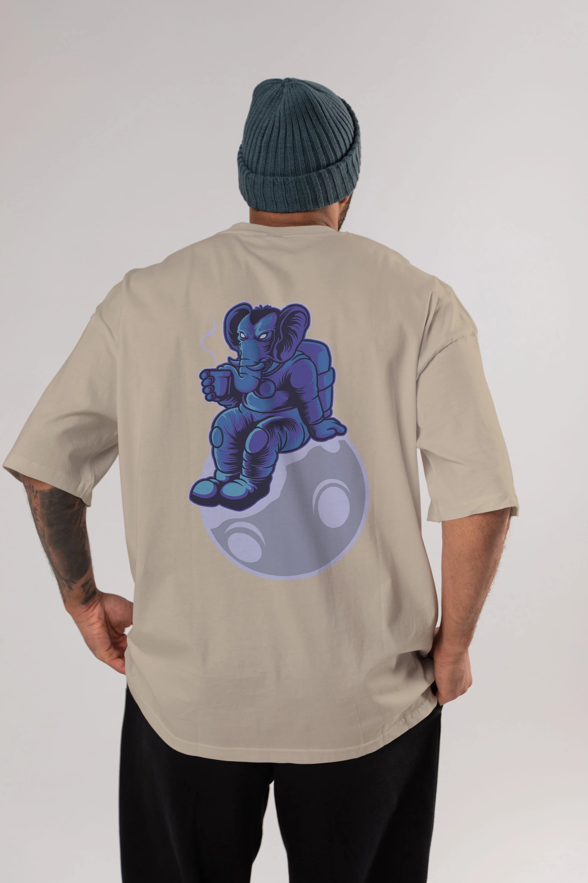 Space Elephant Drink Coffee Arka Baskılı Oversize t-shirt Erkek Kadın Unisex