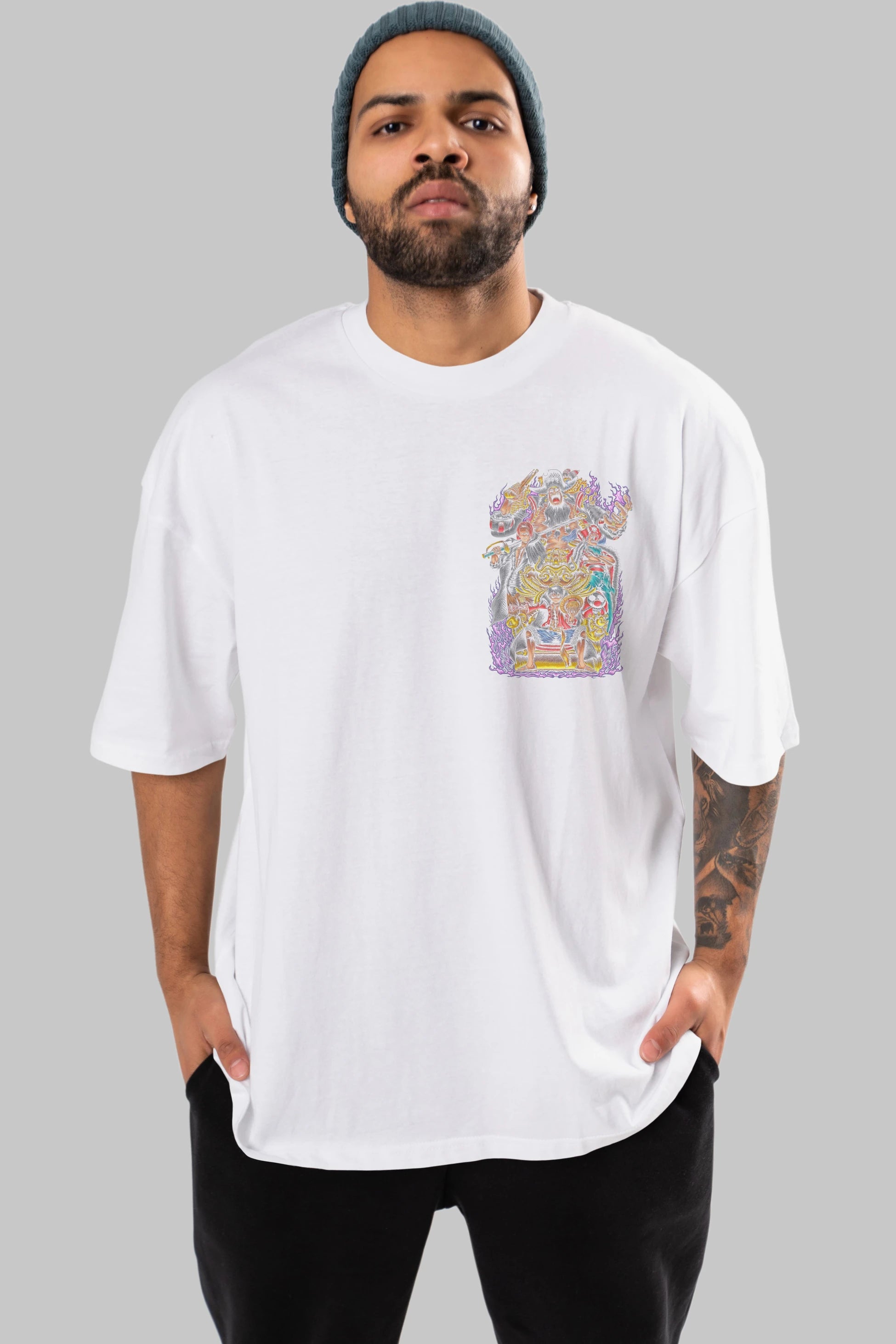ONE PIECE (8) Ön Sol Baskılı Oversize t-shirt Erkek Kadın Unisex %100 Pamuk Bisiklet Yaka tişort