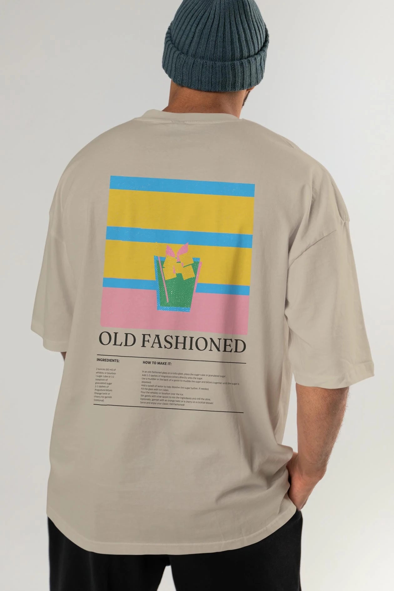 Old Fashioned Kokteyl Serisi Arka Baskılı Oversize t-shirt Erkek Kadın %100 Pamuk Bisiklet Yaka tişort