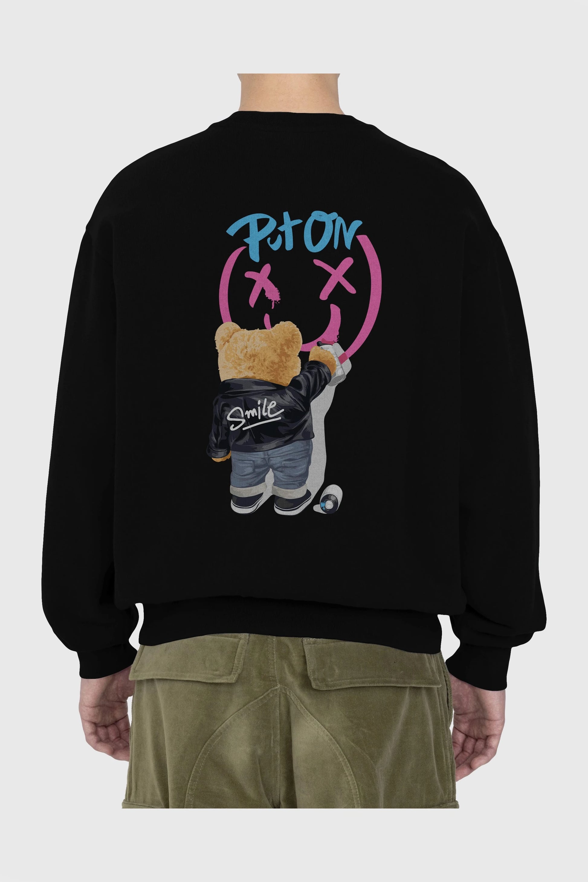 Put on Smile Bear Arka Baskılı Oversize Sweatshirt Erkek Kadın Unisex