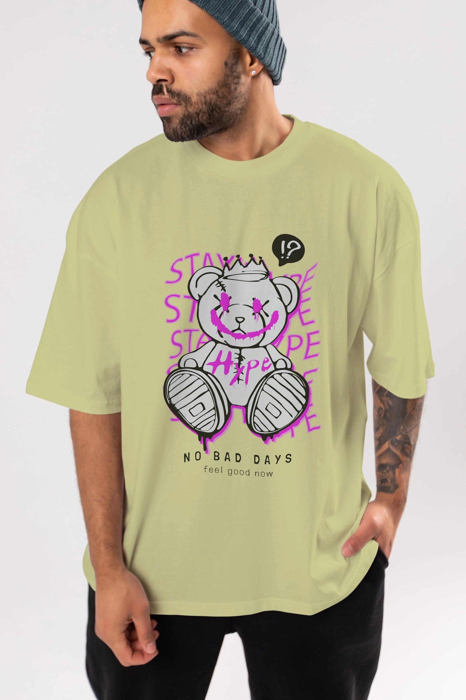 Stay Hype Bear Ön Baskılı Oversize t-shirt Erkek Kadın Unisex