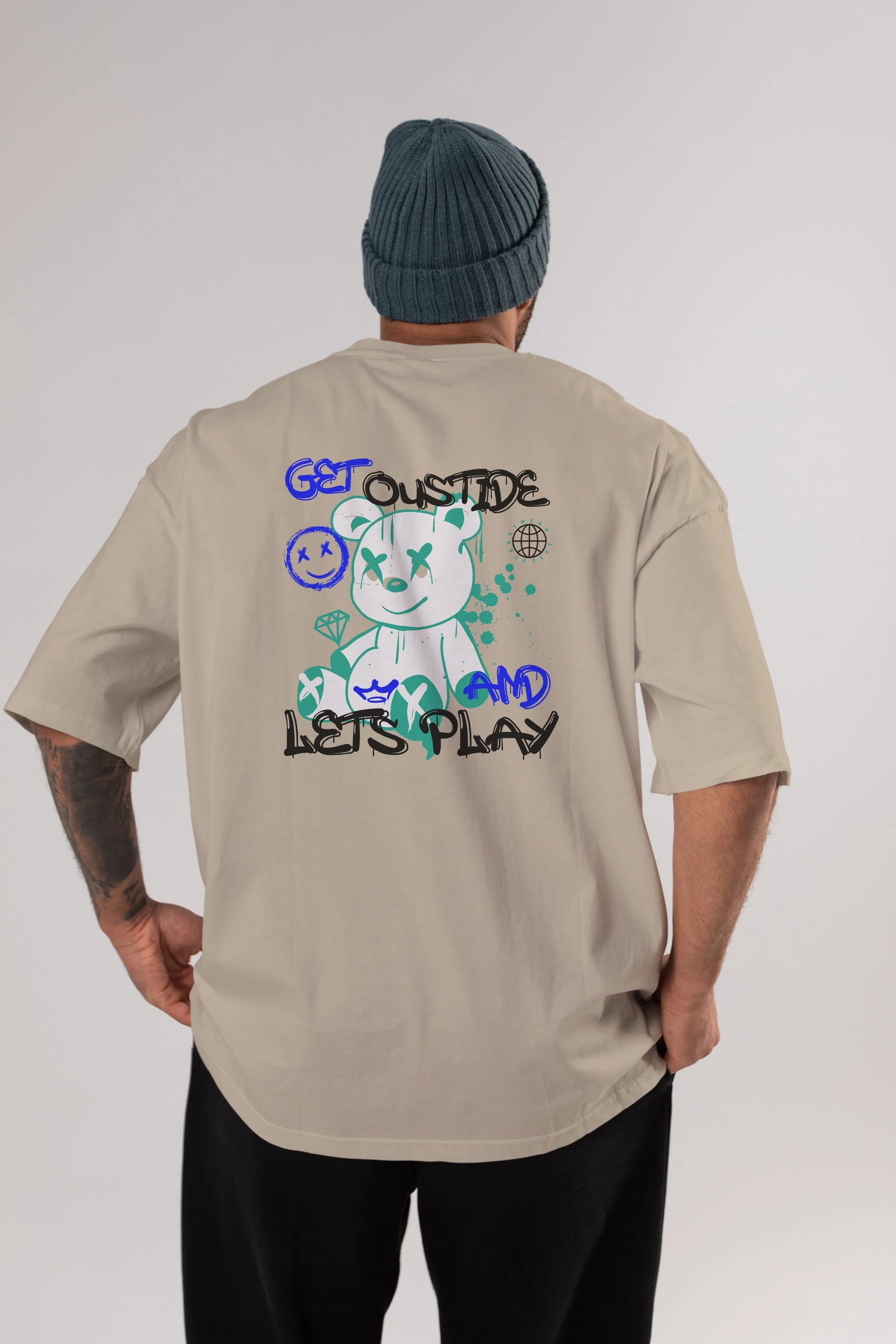 Get Outside Bear Arka Baskılı Oversize t-shirt Erkek Kadın Unisex