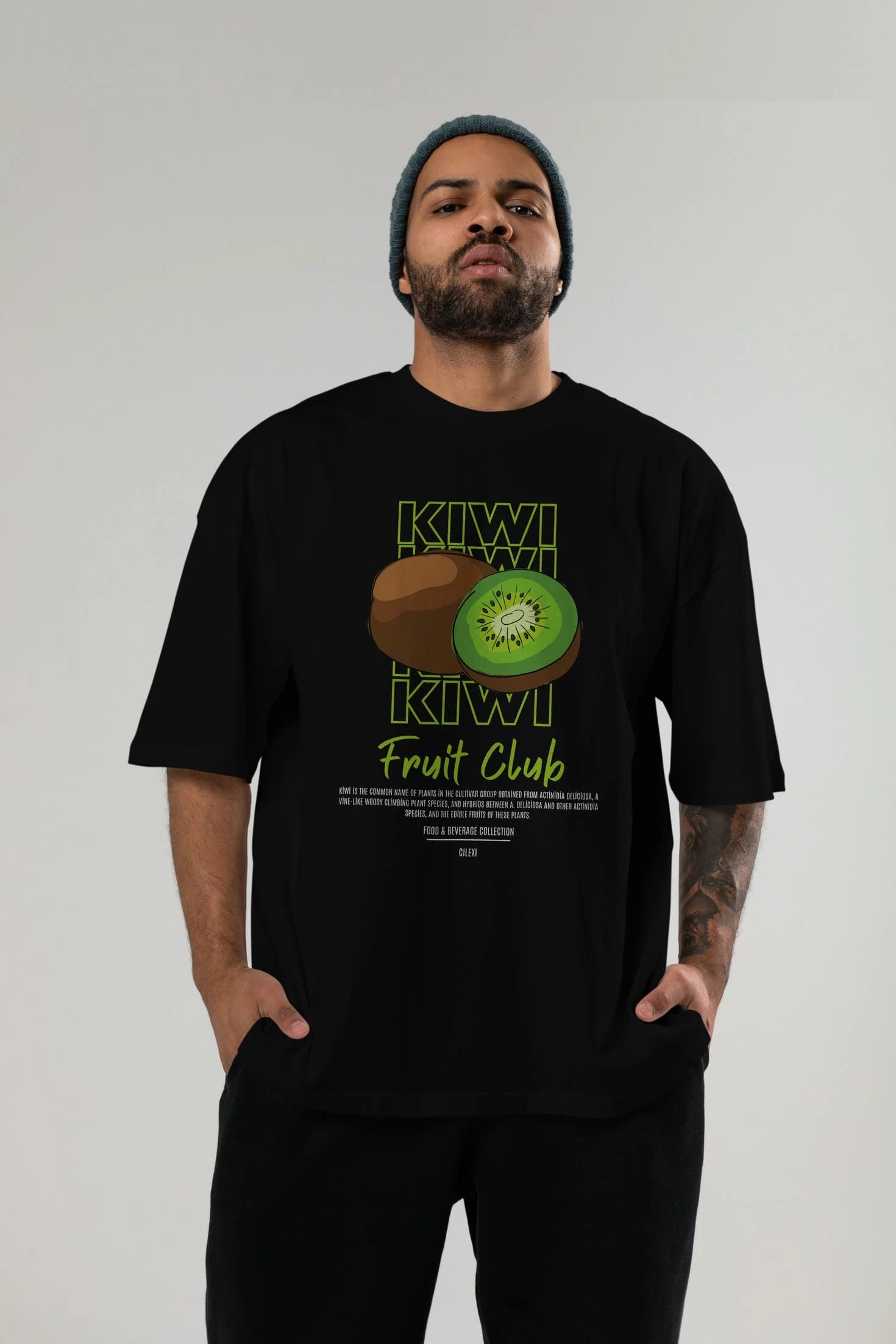 Kiwi Ön Baskılı Oversize t-shirt Erkek Kadın Pamuk Bisiklet Yaka tişort