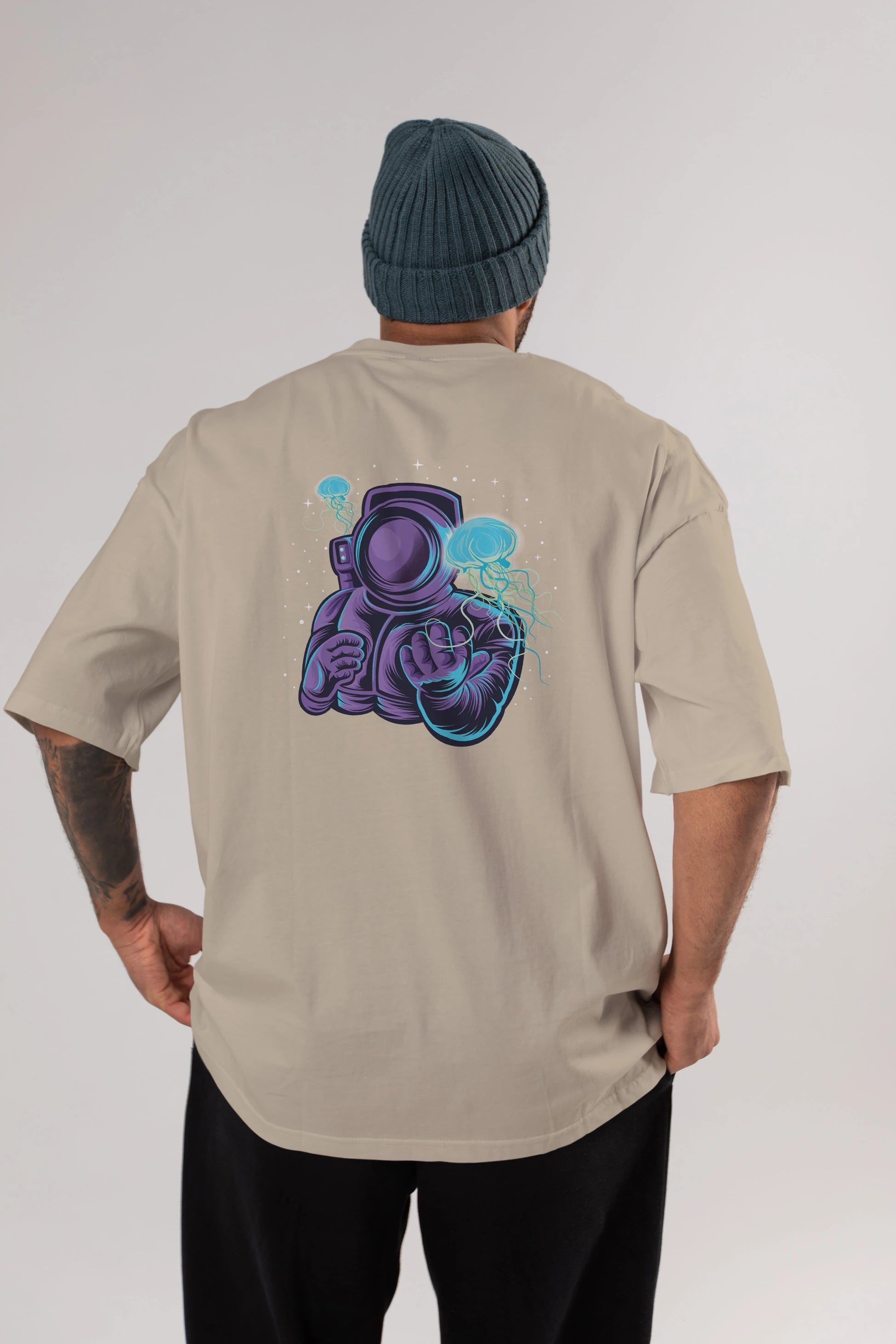 Astronaut and Jellyfish Arka Baskılı Oversize t-shirt Erkek Kadın Unisex