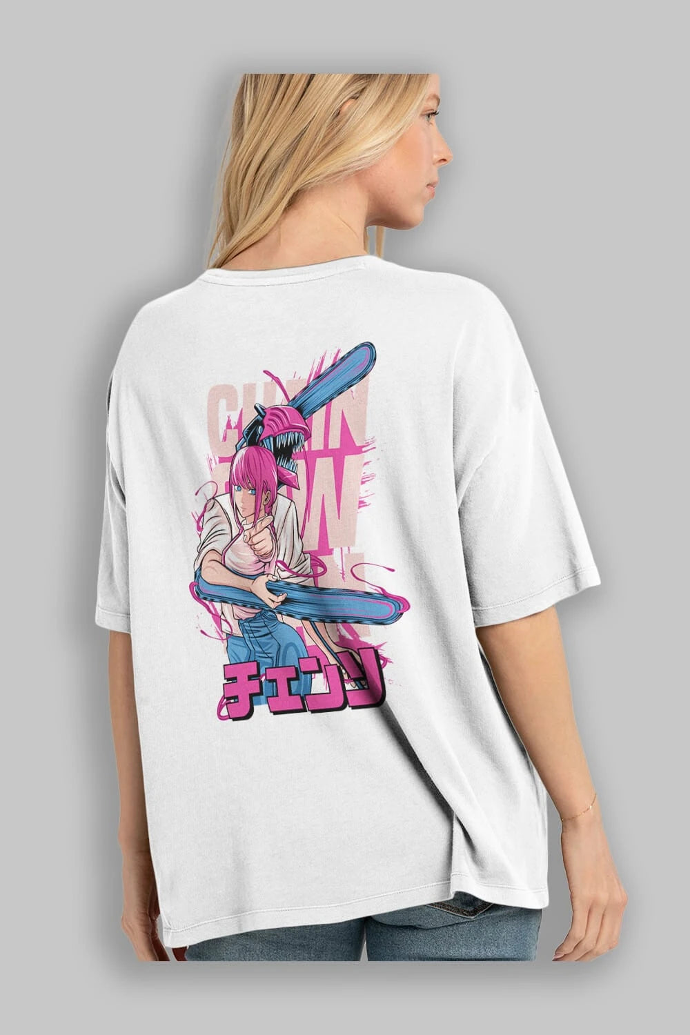 DENJI and MAKIMA Anime Arka Baskılı Oversize t-shirt Erkek Kadın Unisex