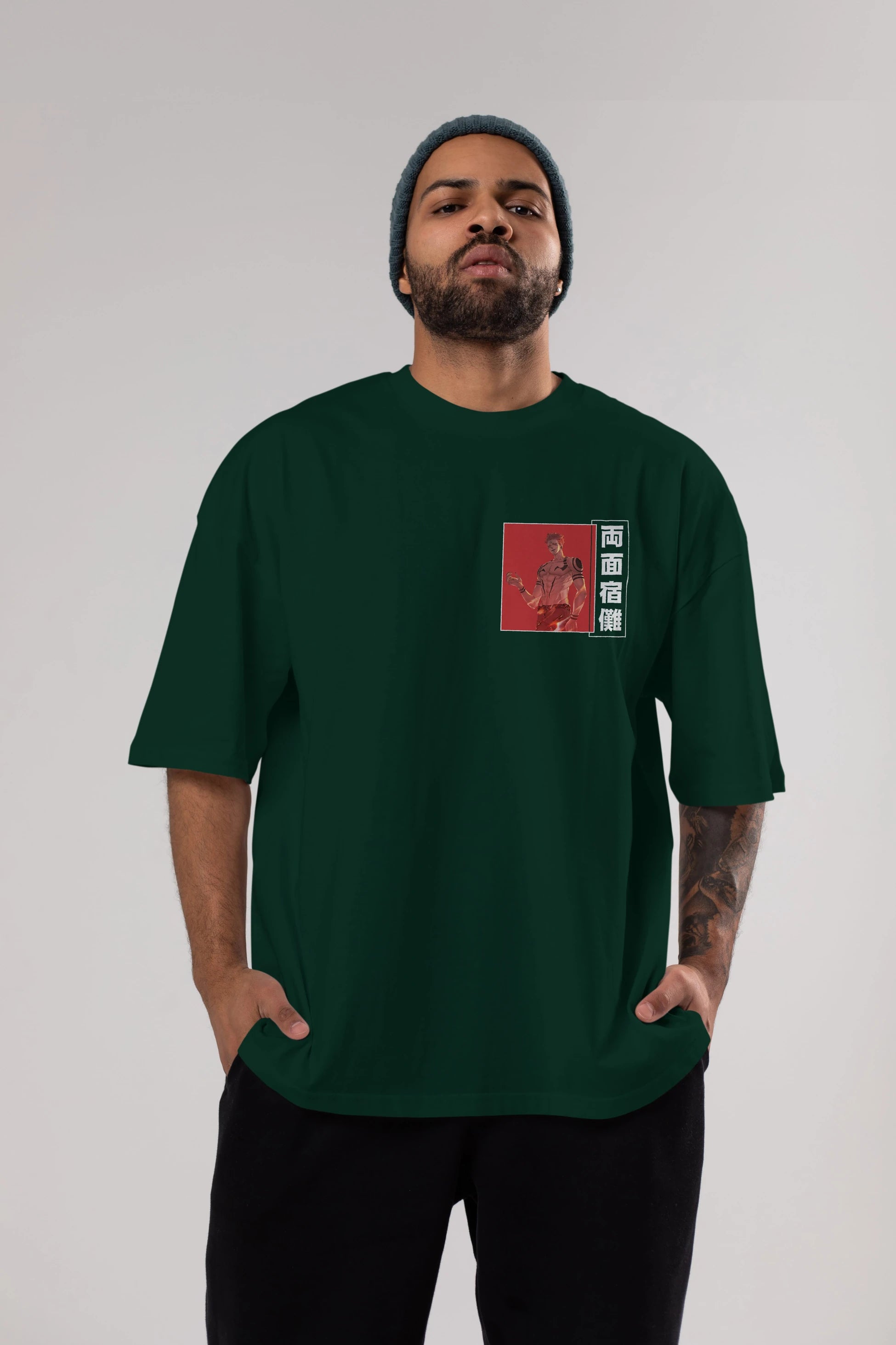 Sukuna Ryoumen 3 Ön Sol Baskılı Oversize t-shirt Erkek Kadın Unisex %100 Pamuk Bisiklet Yaka tişort