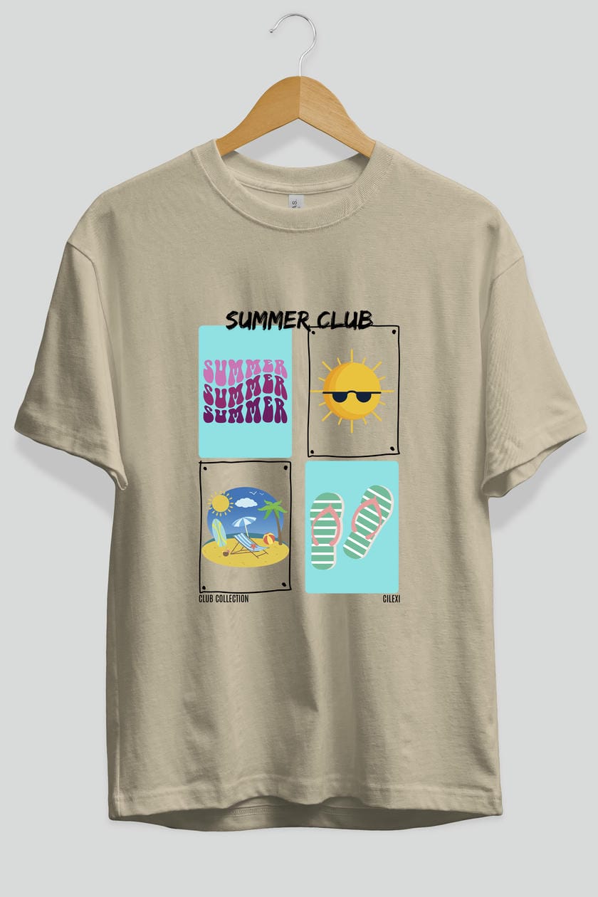 Summer Club ön Baskılı Oversize t-shirt Erkek Kadın %100 Pamuk Bisiklet Yaka tişort