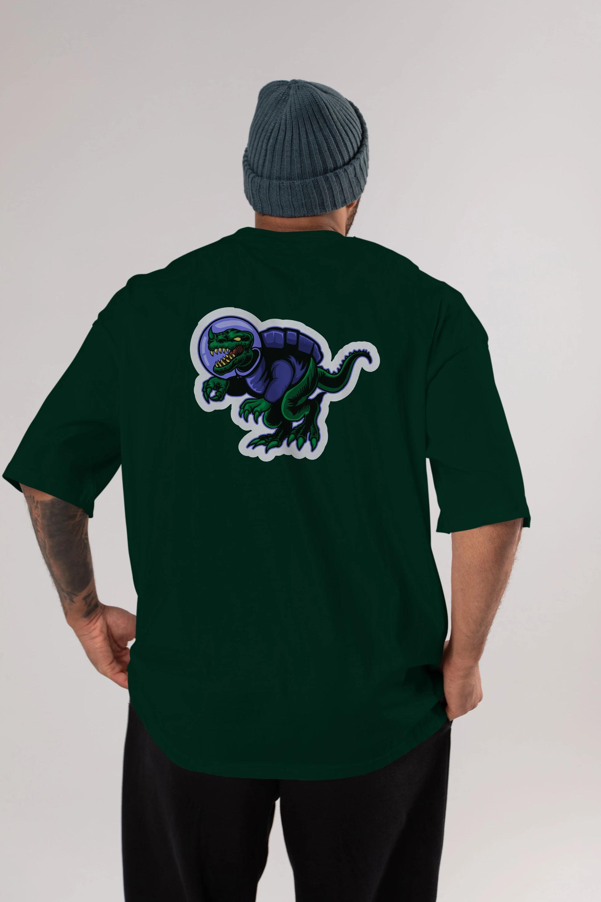 Space Dino Sticker Arka Baskılı Oversize t-shirt Erkek Kadın Unisex