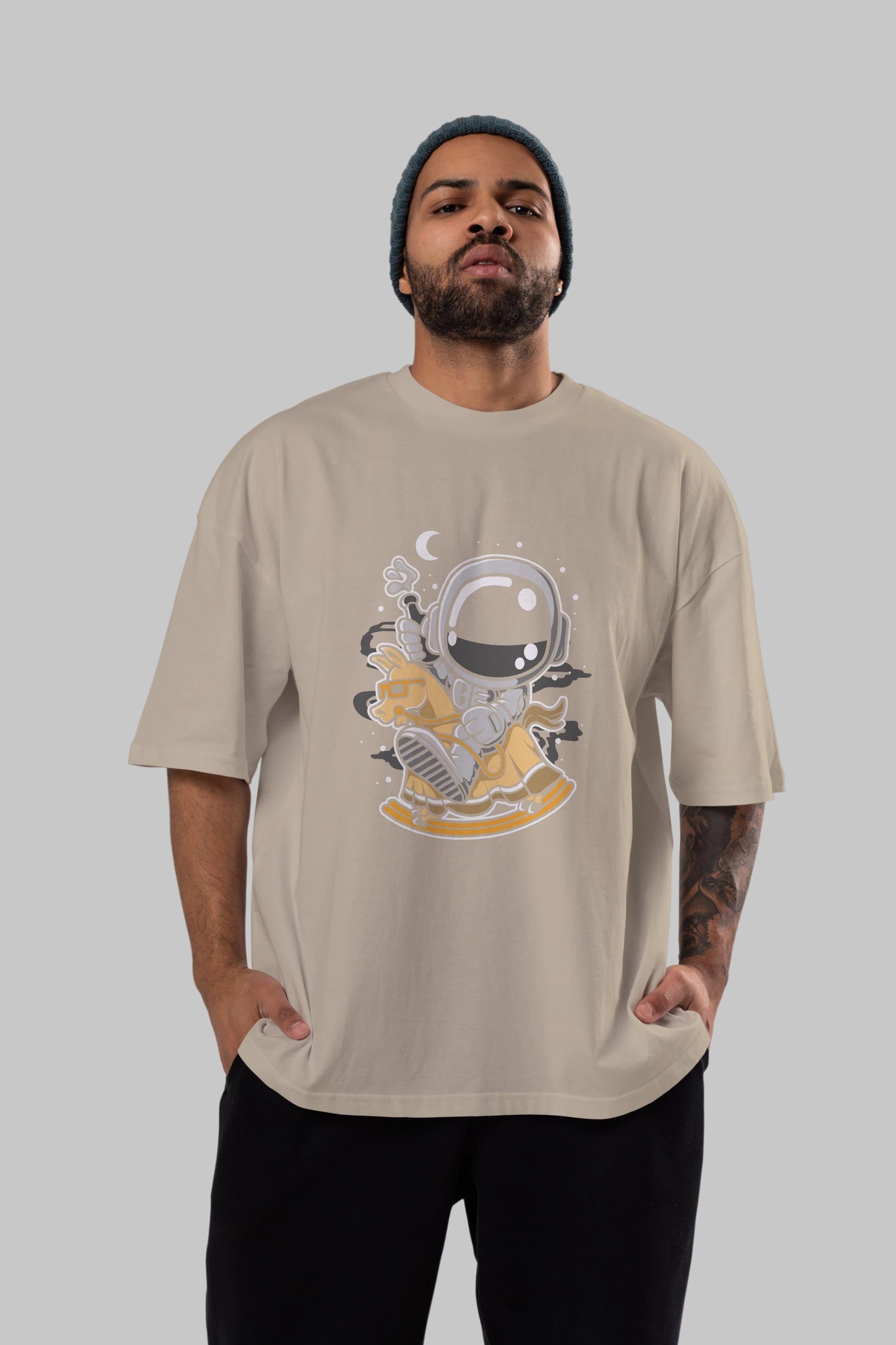 Astronaut RidingToy Horse Ön Baskılı Oversize t-shirt Erkek Kadın Unisex