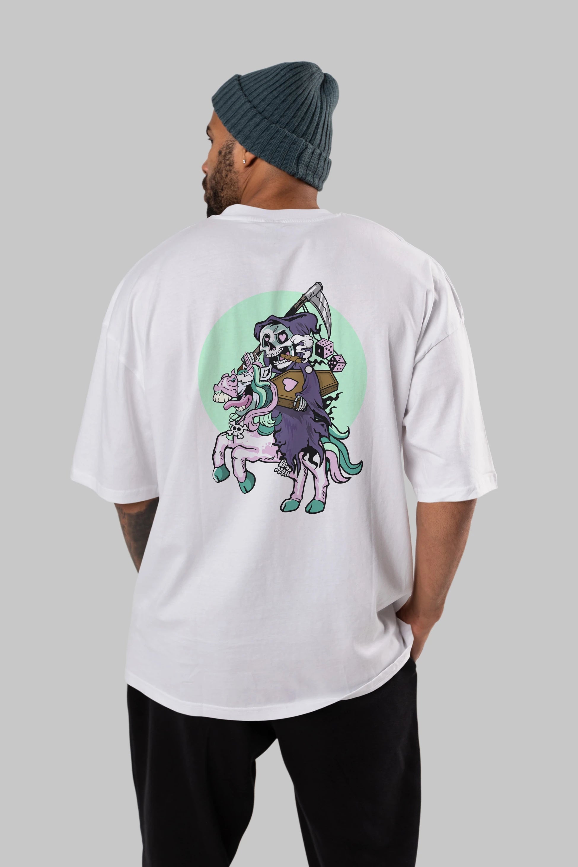 Grim Reaper Riding Unicorn Arka Baskılı Oversize t-shirt Erkek Kadın Unisex %100 Pamuk tişort