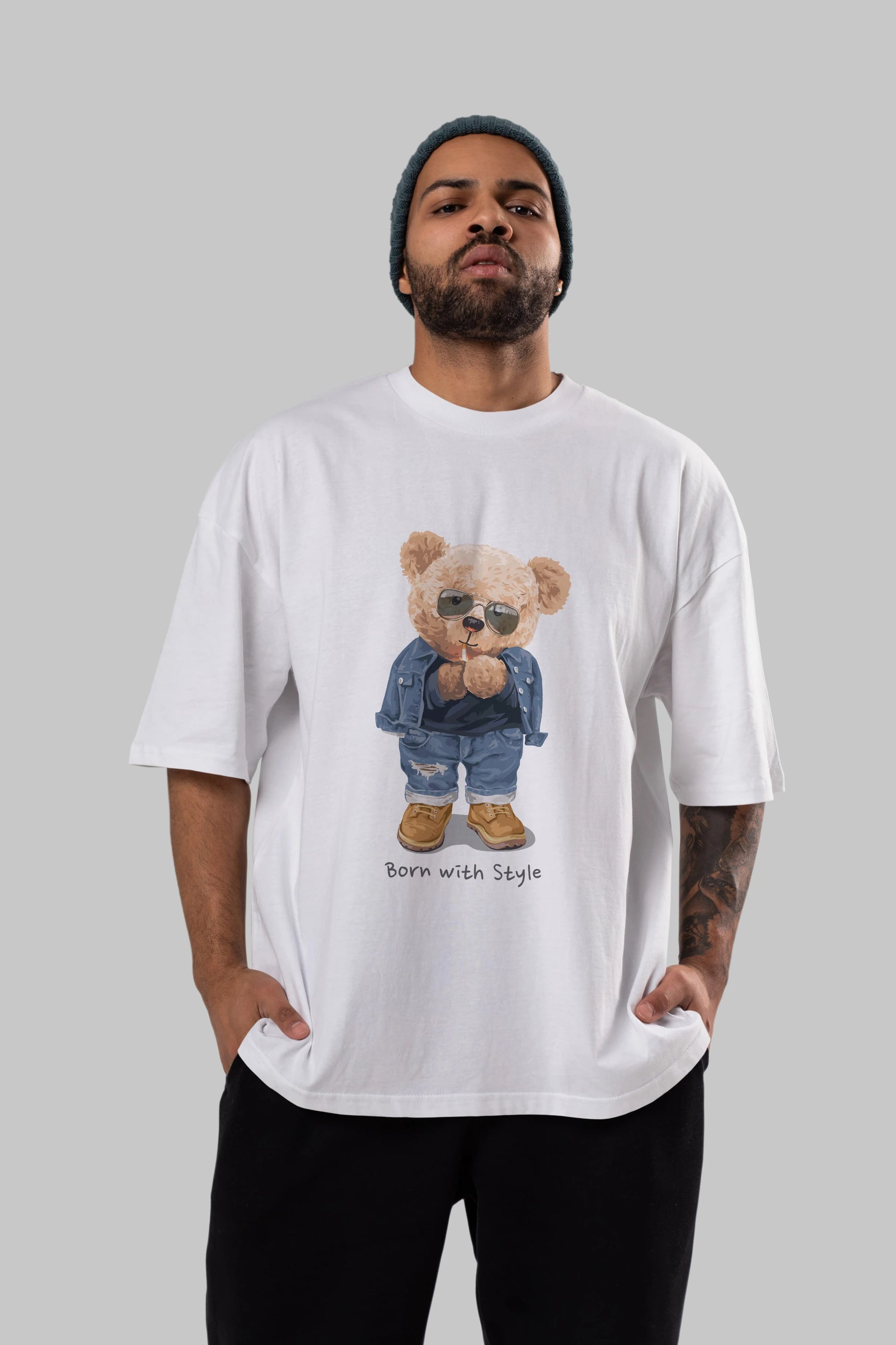 Teddy Bear Born With Style Ön Baskılı Oversize t-shirt Erkek Kadın Unisex %100 Pamuk