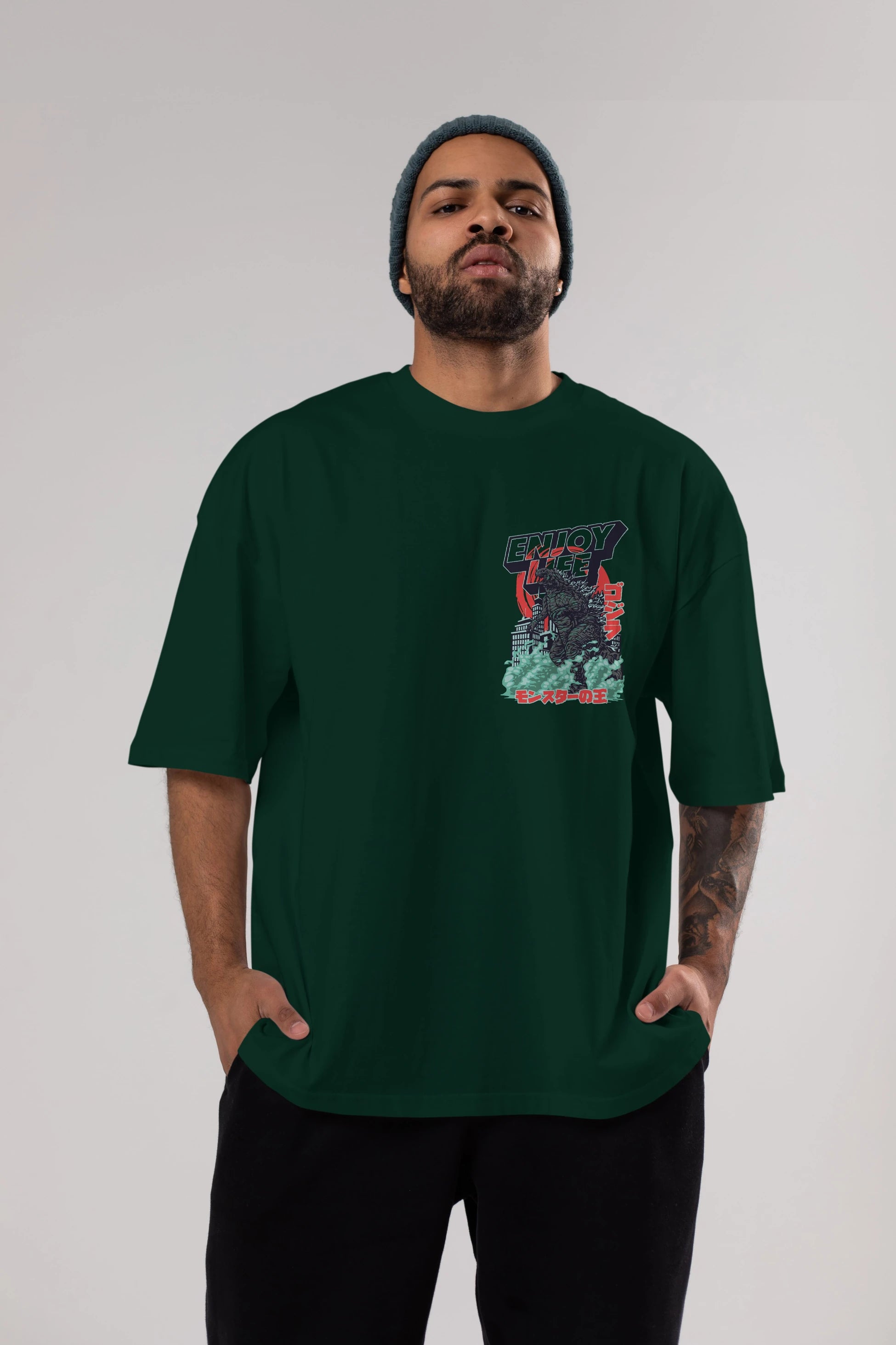 Godzilla Ön Sol Baskılı Oversize t-shirt Erkek Kadın Unisex %100 Pamuk Bisiklet Yaka tişort