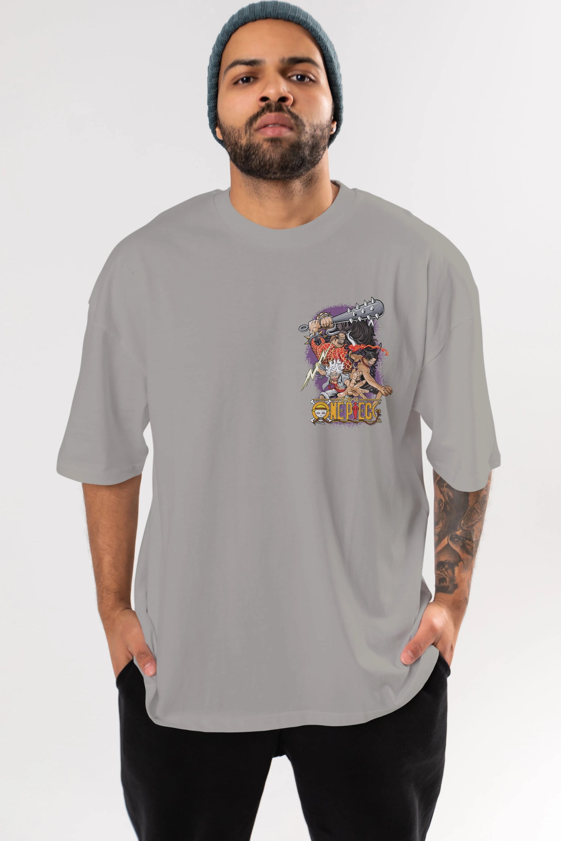 ONE PIECE (6) Ön Sol Baskılı Oversize t-shirt Erkek Kadın Unisex %100 Pamuk Bisiklet Yaka tişort