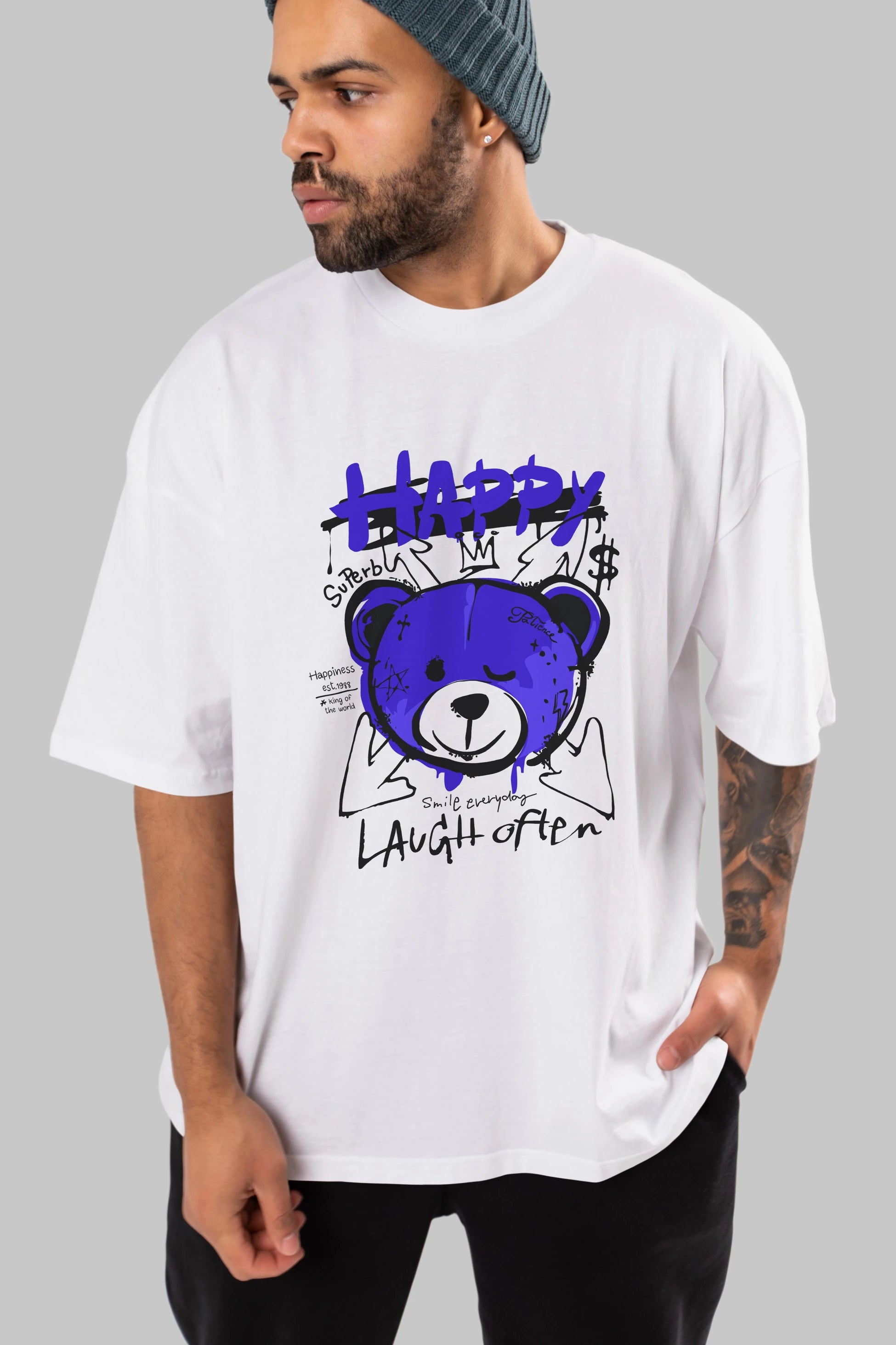 Happy Bear Ön Baskılı Oversize t-shirt Erkek Kadın Unisex