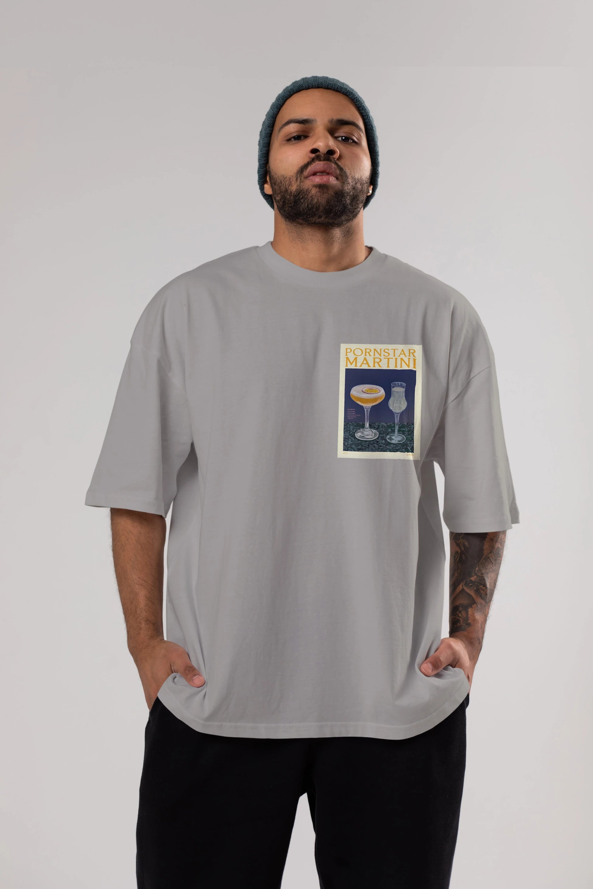 P.rnstar Martini Ön Sol Baskılı Oversize t-shirt Erkek Kadın Unisex %100 Pamuk Bisiklet Yaka tişort