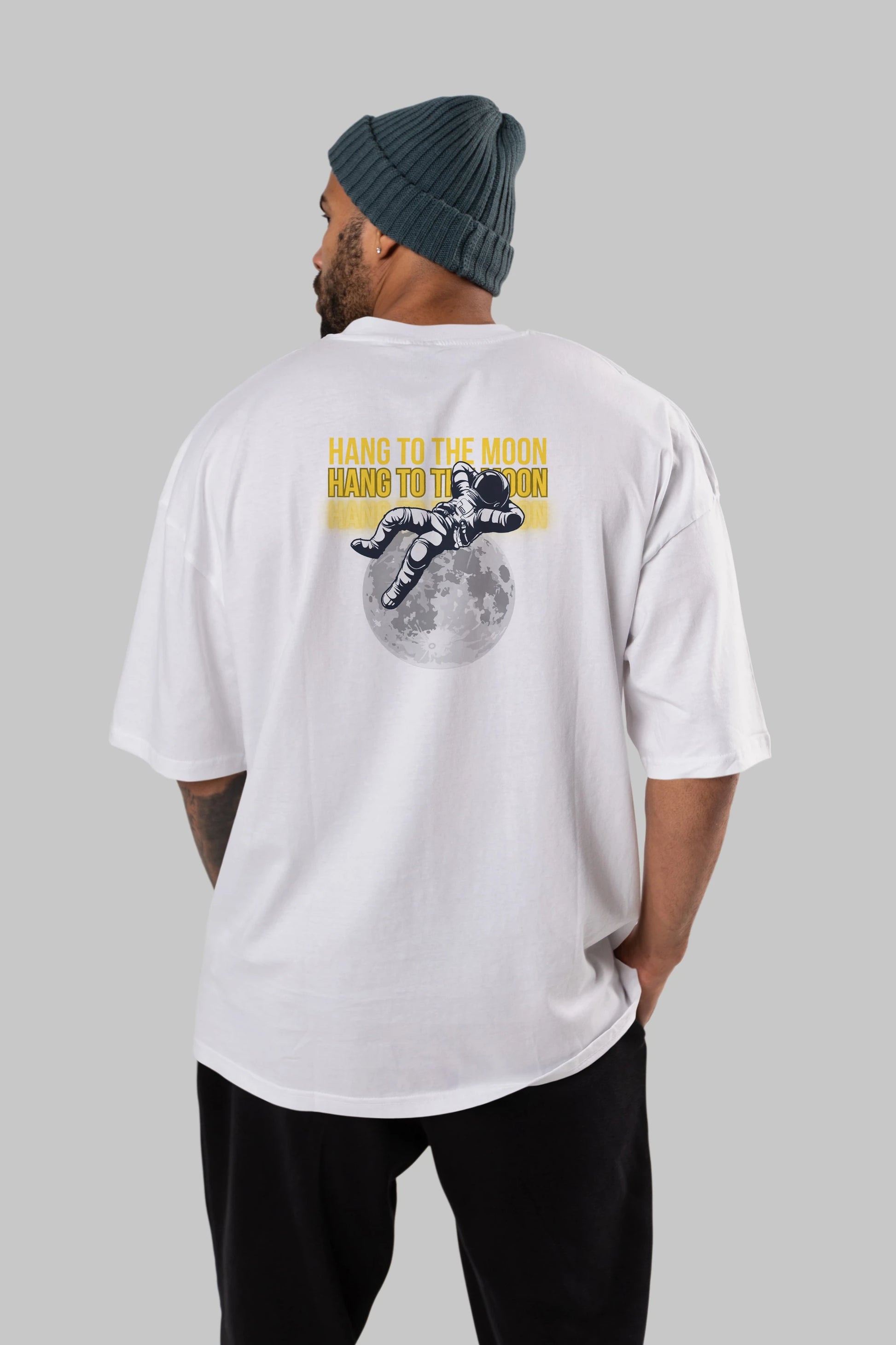 Hang to the Moon Yazılı Arka Baskılı Oversize t-shirt Erkek Kadın Unisex