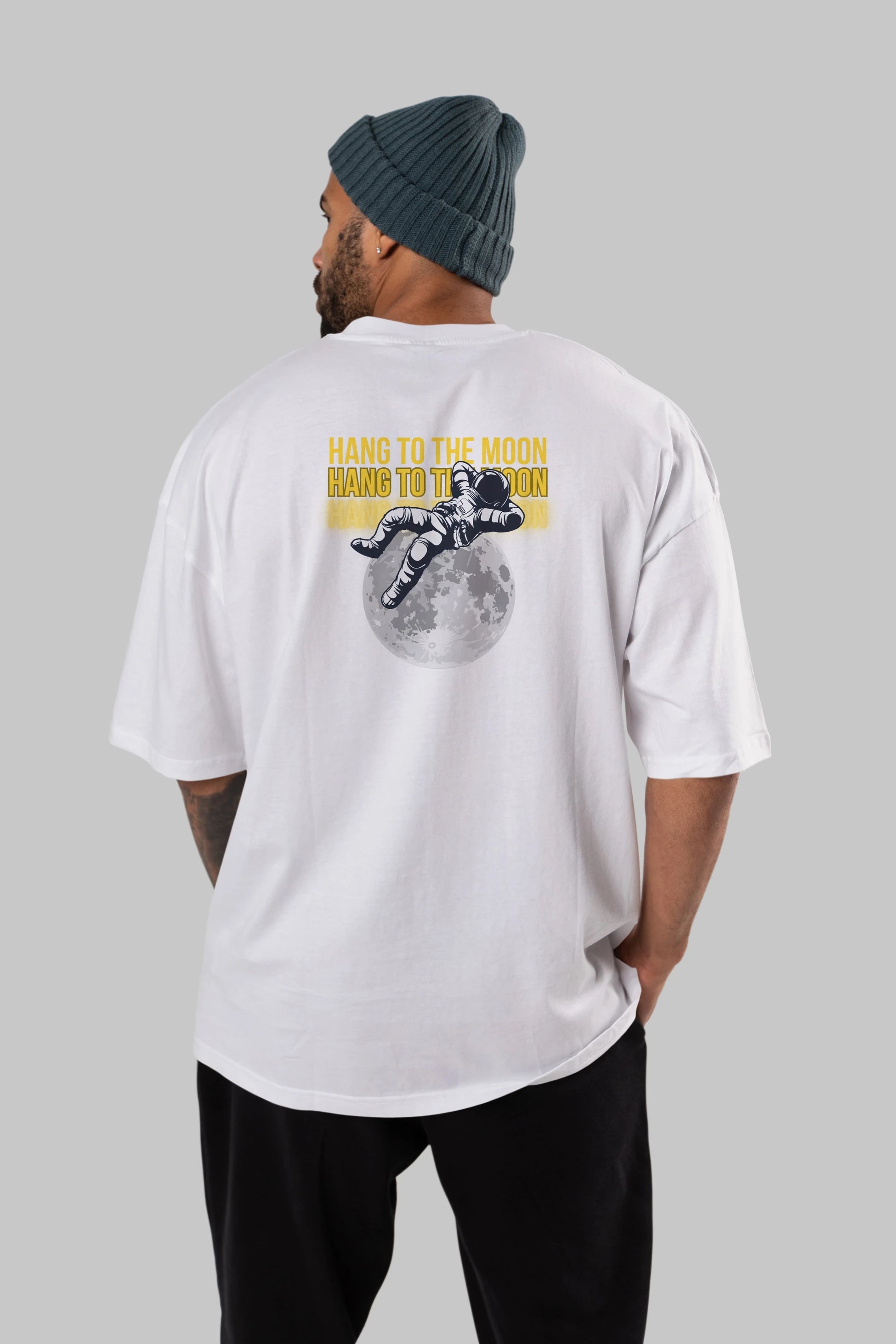 Hang to the Moon Yazılı Arka Baskılı Oversize t-shirt Erkek Kadın Unisex