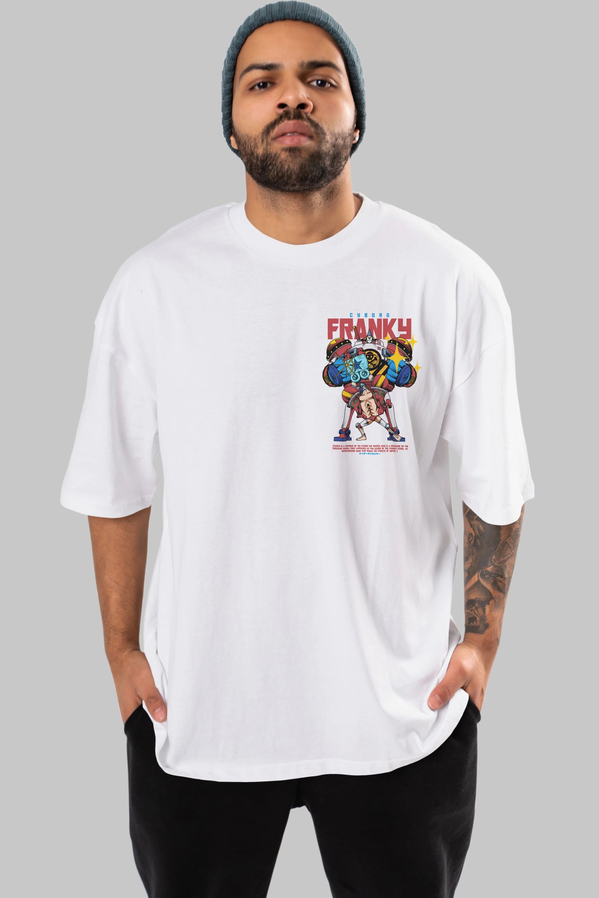 Cyborg Franky Ön Sol Baskılı Oversize t-shirt Erkek Kadın Unisex %100 Pamuk Bisiklet Yaka tişort