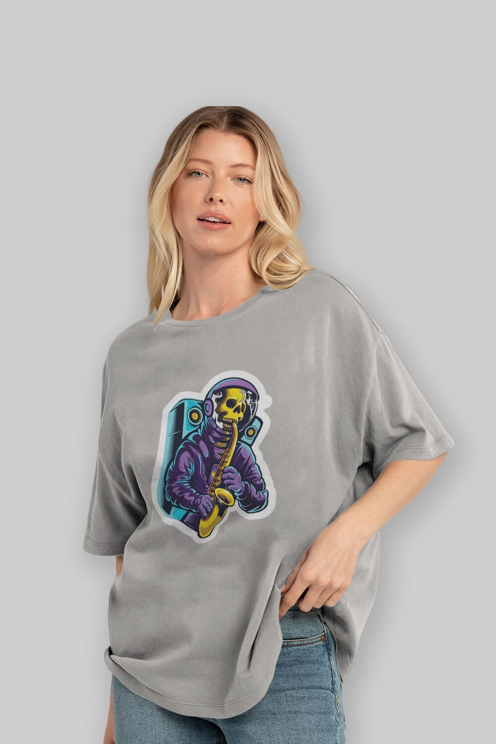 Astroskull Saxophonist Sticker Ön Baskılı Oversize t-shirt Erkek Kadın Unisex