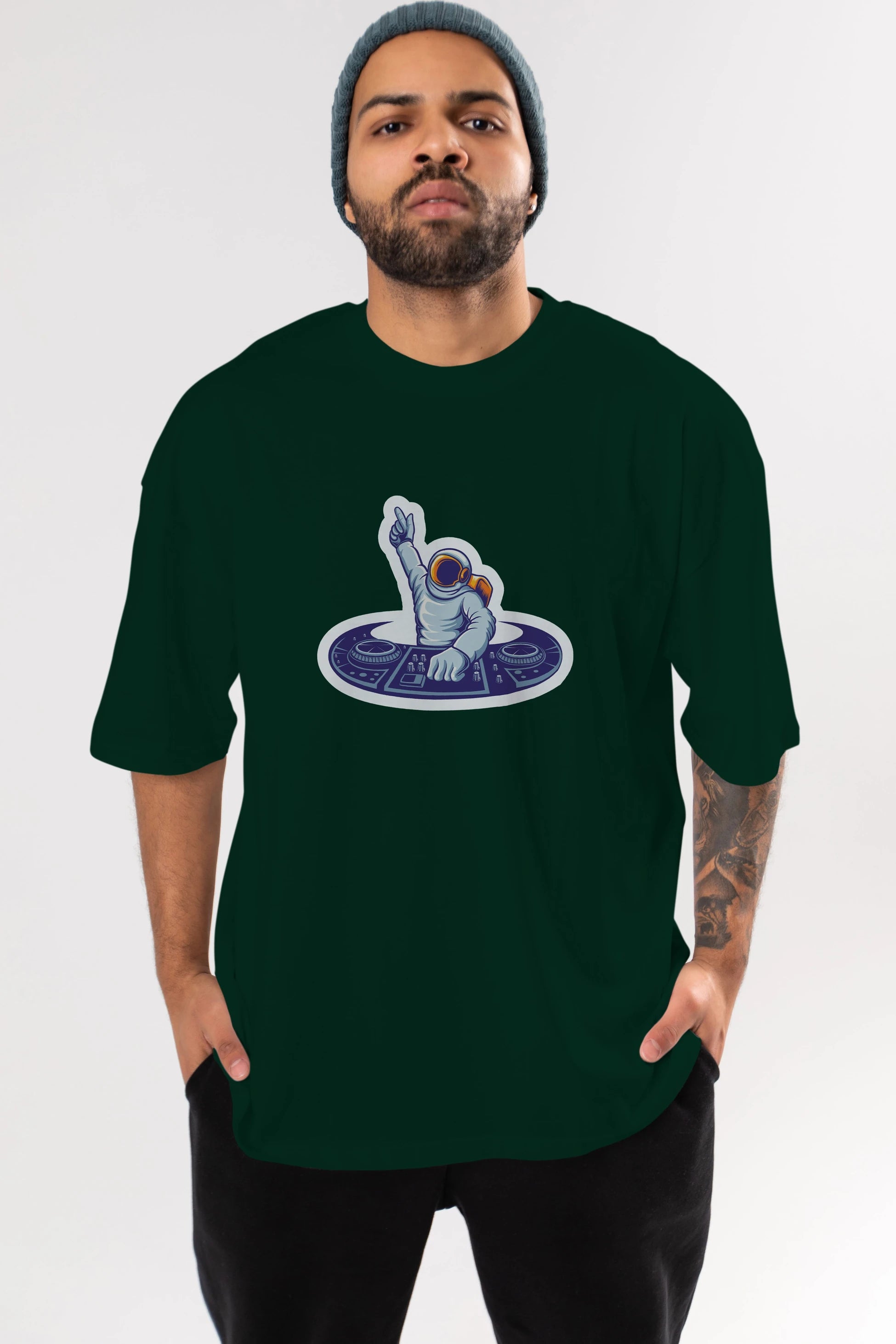Astronaut Disk Jockey Party Sticker Ön Baskılı Oversize t-shirt Erkek Kadın Unisex