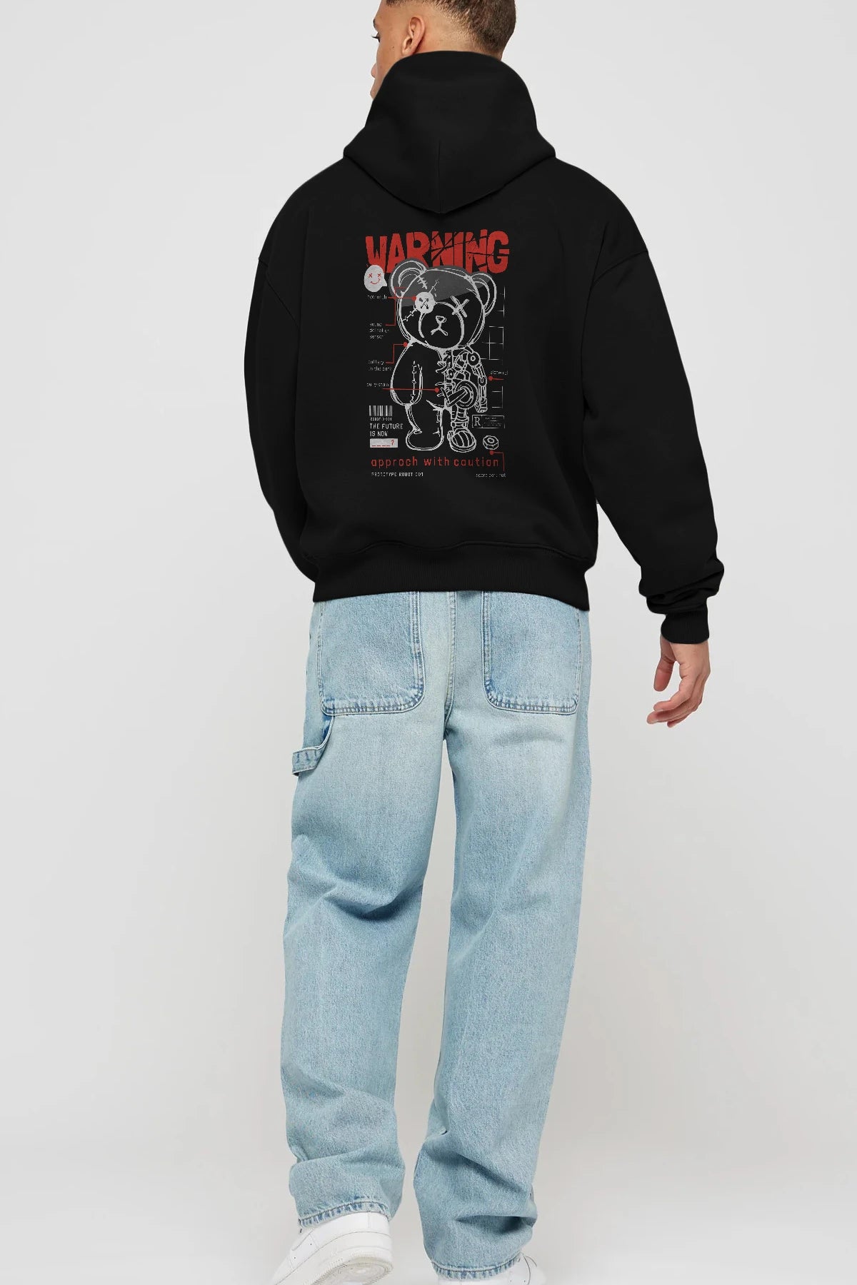 Teddy Bear Warning Arka Baskılı Hoodie Oversize Kapüşonlu Sweatshirt Erkek Kadın Unisex