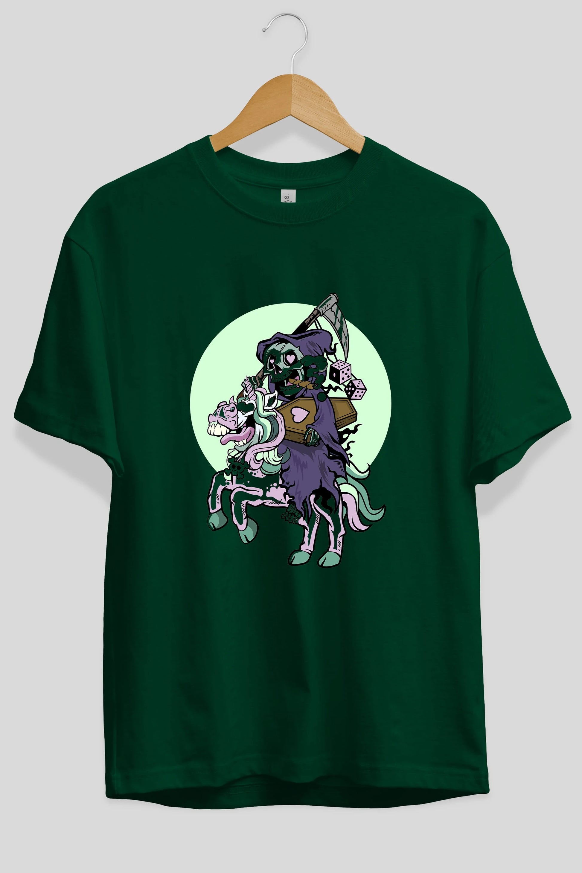 Grim Reaper Riding Unicorn Ön Baskılı Oversize t-shirt Erkek Kadın Unisex %100 Pamuk tişort