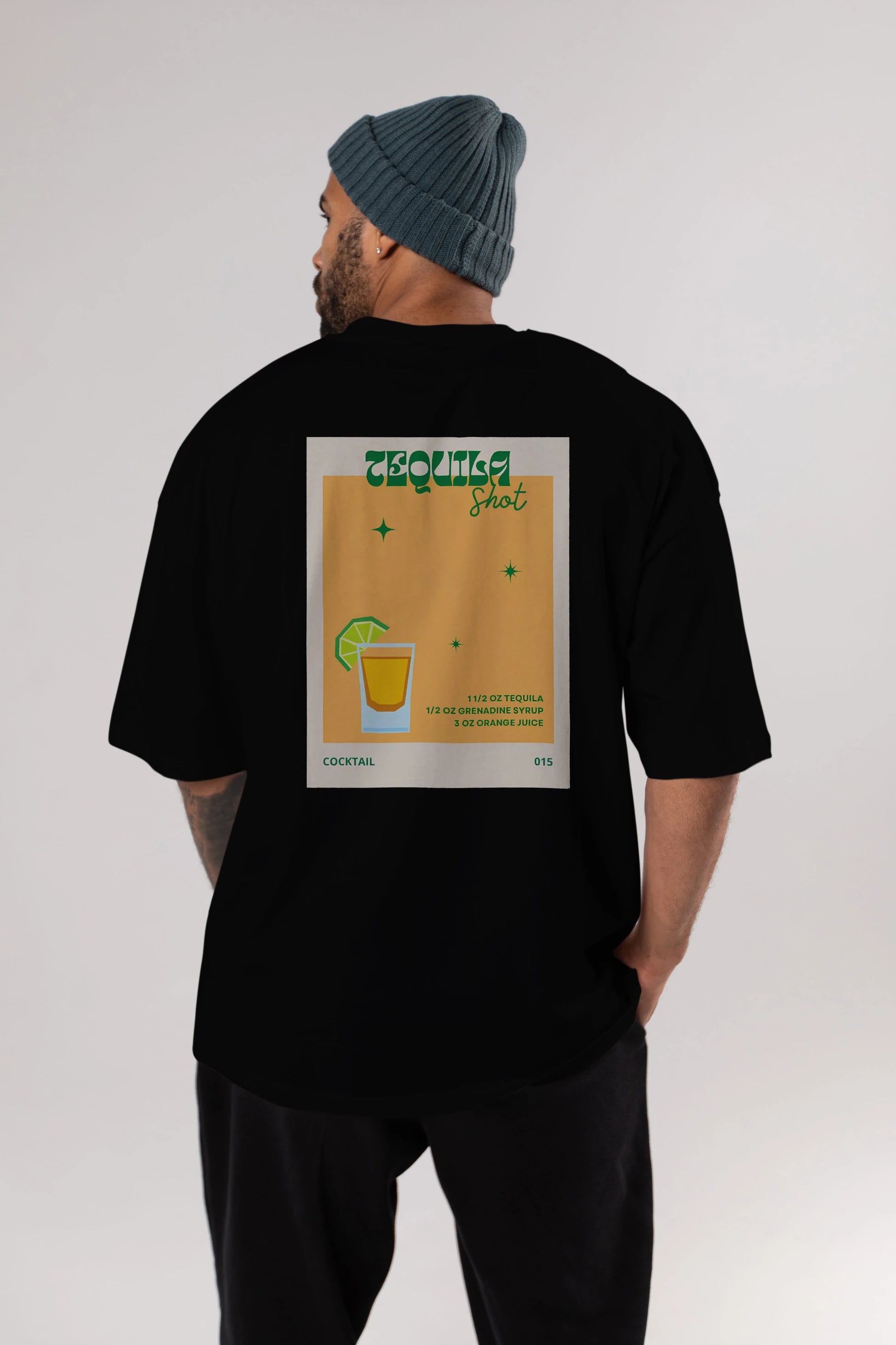 Tequila Shot 2 Arka Baskılı Oversize t-shirt Erkek Kadın Unisex %100 Pamuk Bisiklet Yaka tişort