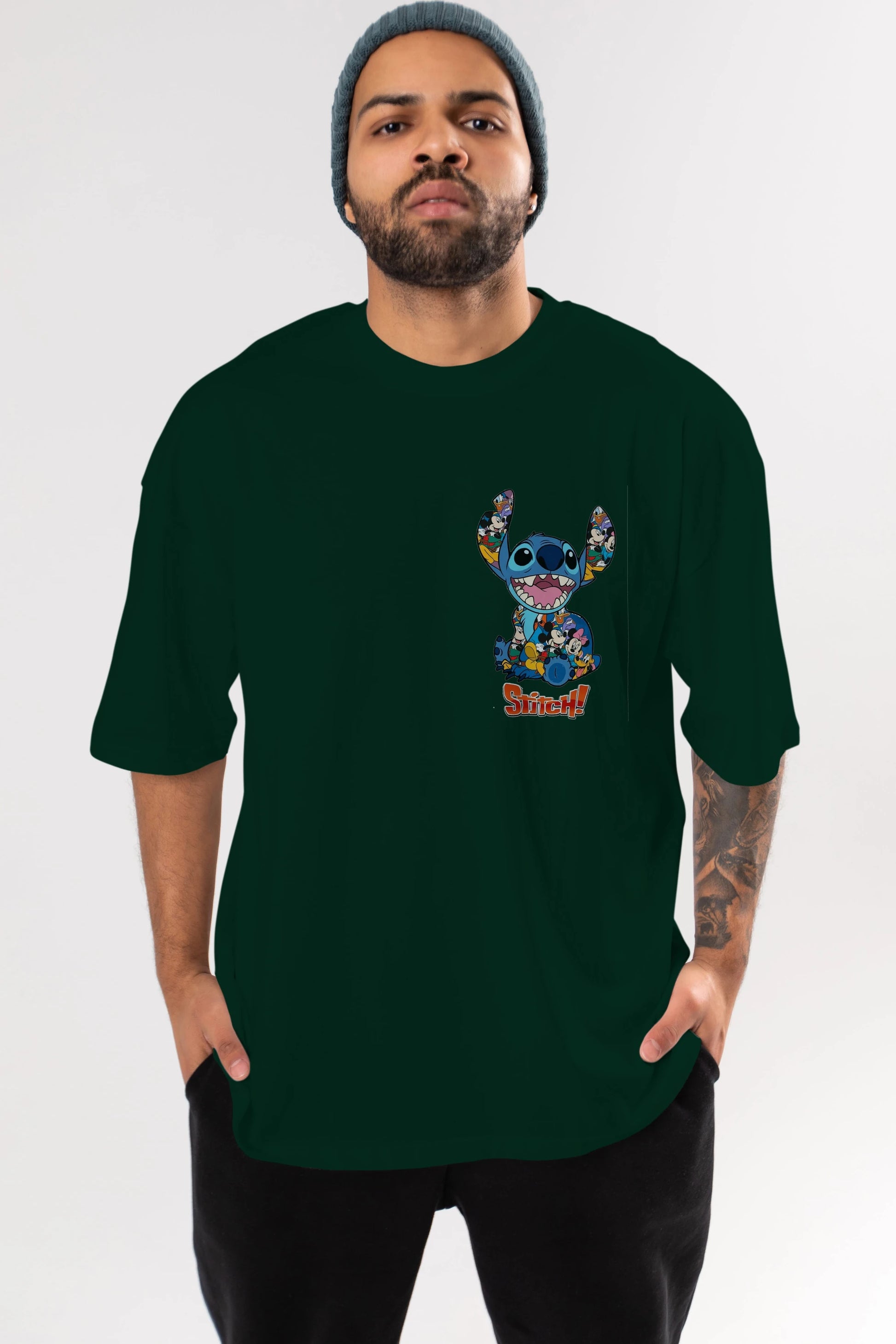 Stitch Ön Sol Baskılı Oversize t-shirt Erkek Kadın Unisex %100 Pamuk Bisiklet Yaka tişort