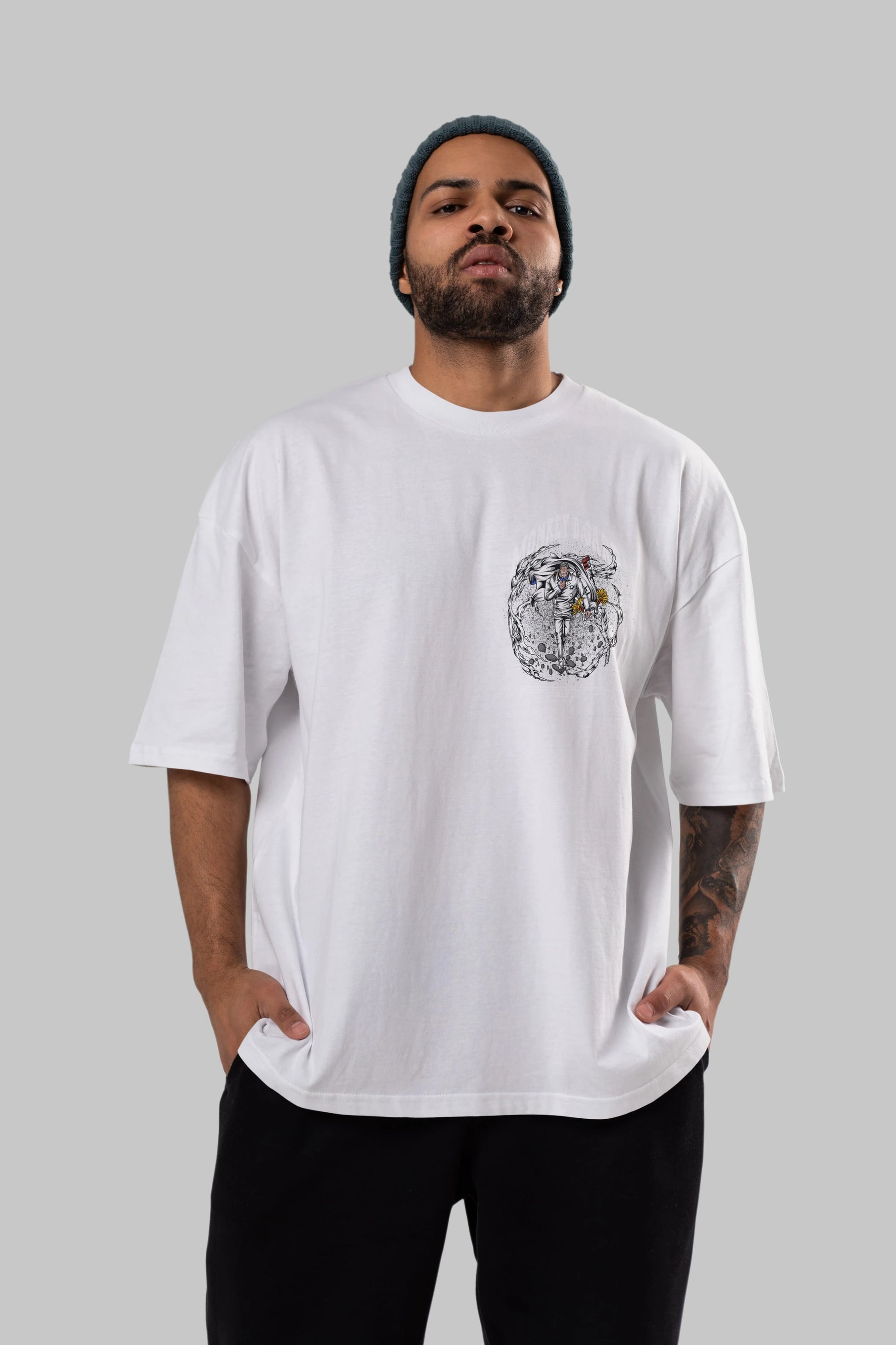 Monkey D. Garp Ön Sol Baskılı Oversize t-shirt Erkek Kadın Unisex %100 Pamuk Bisiklet Yaka tişort