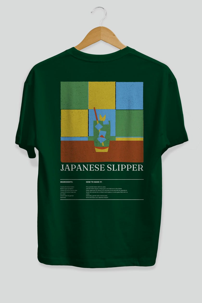 Japanese Slipper Kokteyl Serisi Arka Baskılı Oversize t-shirt Erkek Kadın %100 Pamuk Bisiklet Yaka tişort