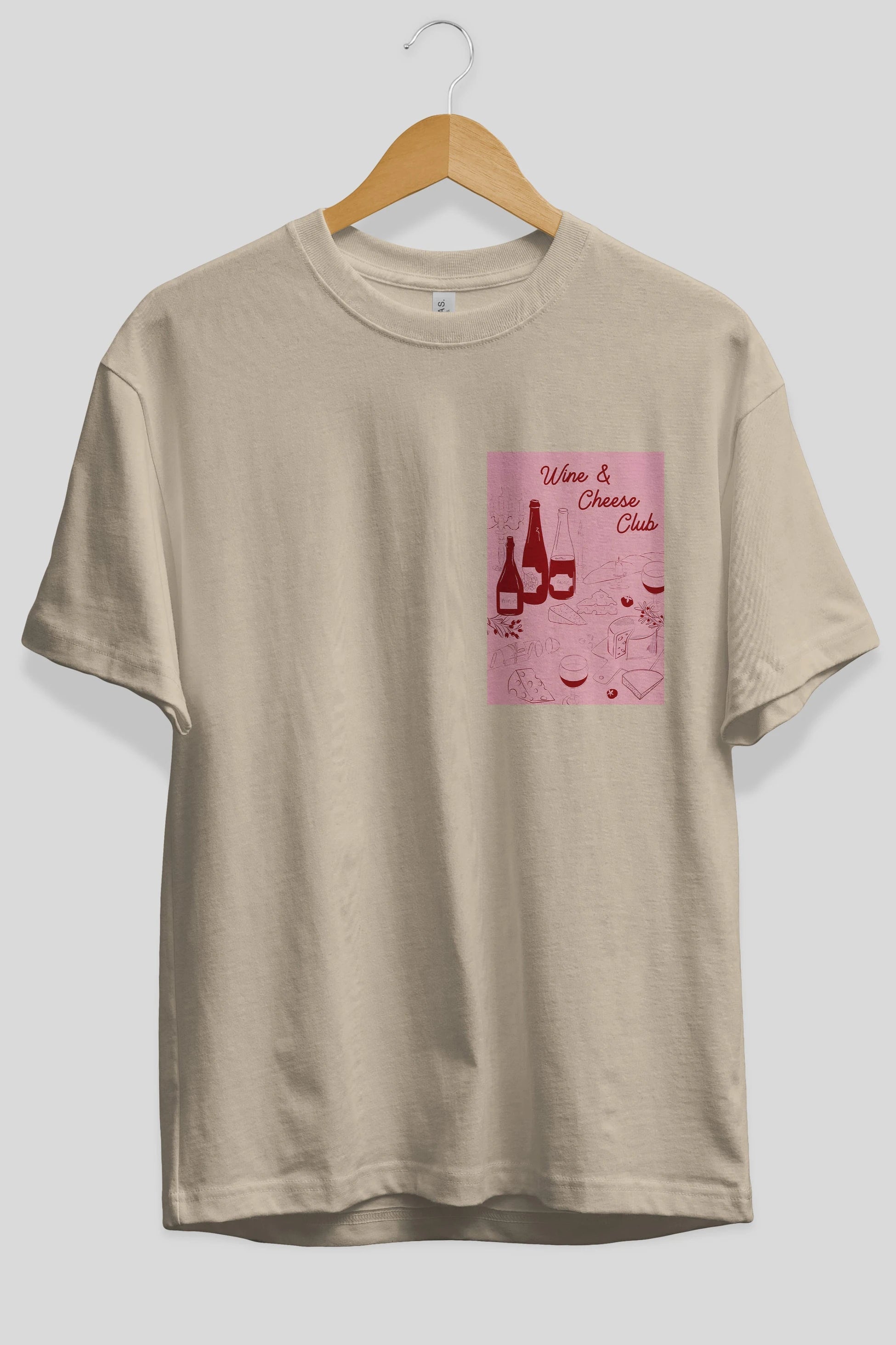 Wine Cheese Club Ön Sol Baskılı Oversize t-shirt Erkek Kadın Unisex %100 Pamuk Bisiklet Yaka tişort