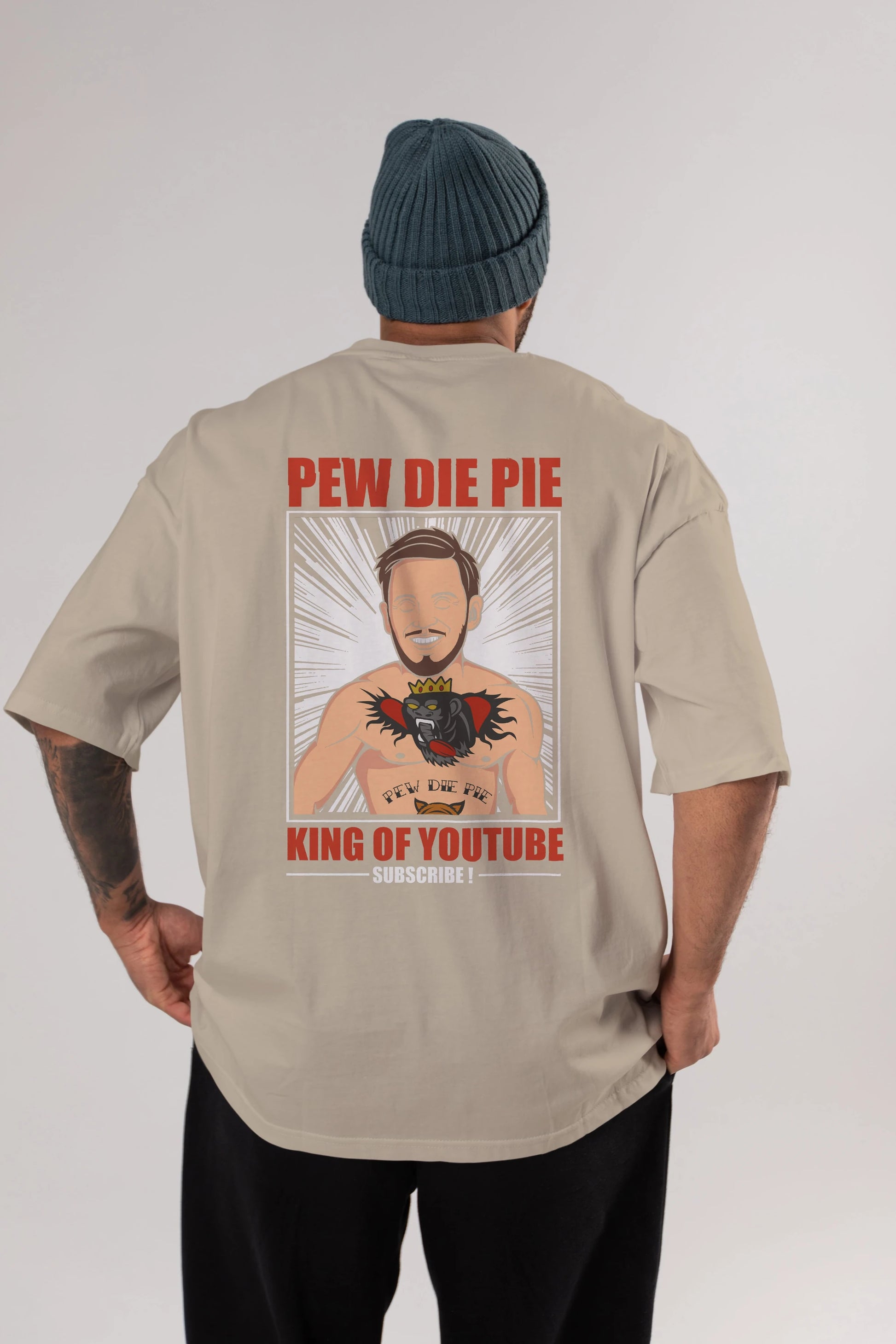 Pew Die Pie Fighter Arka Baskılı Oversize t-shirt Erkek Kadın Unisex %100 Pamuk tişort