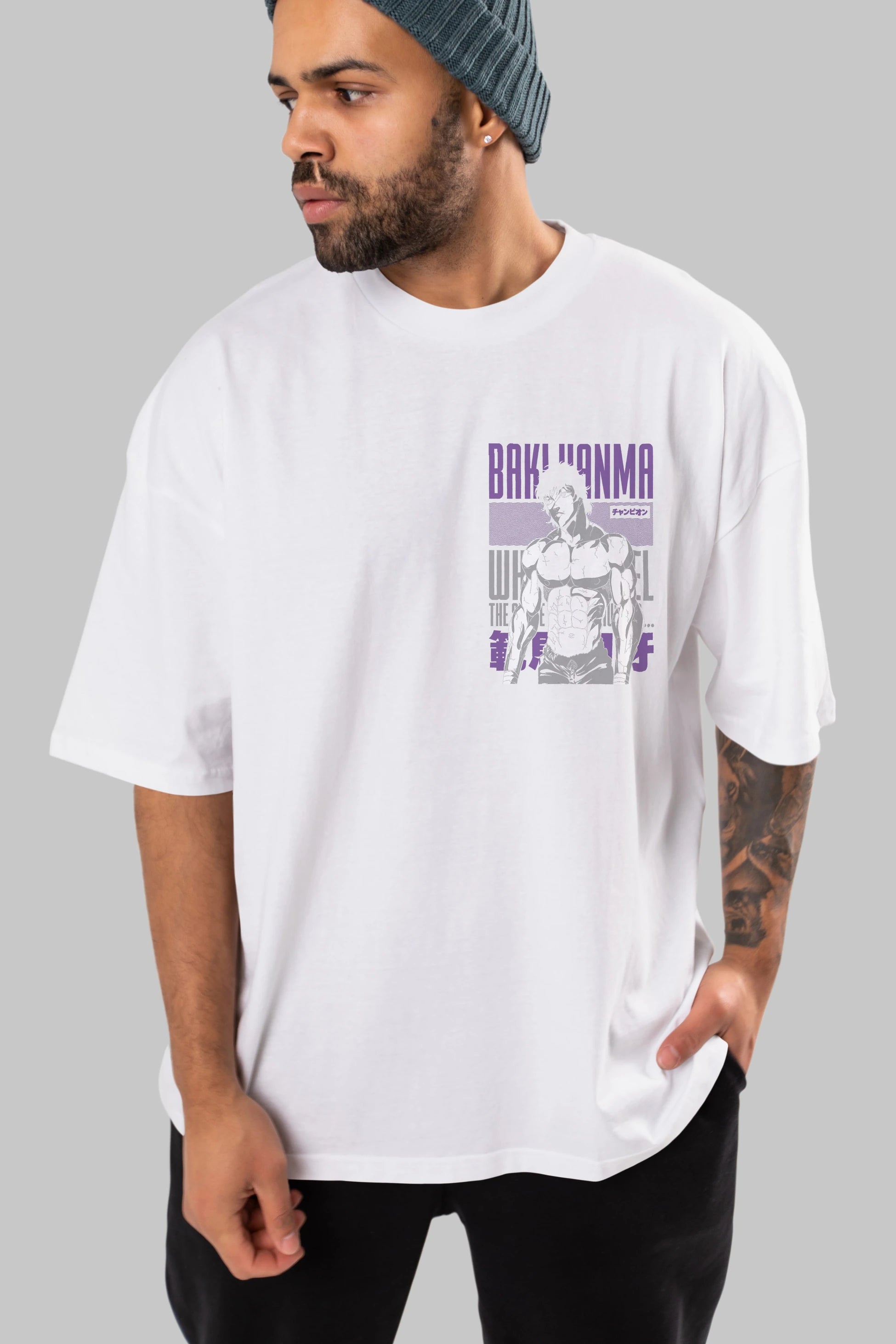 BAKI HANMA (2) Ön Sol Baskılı Oversize t-shirt Erkek Kadın Unisex %100 Pamuk Bisiklet Yaka tişort